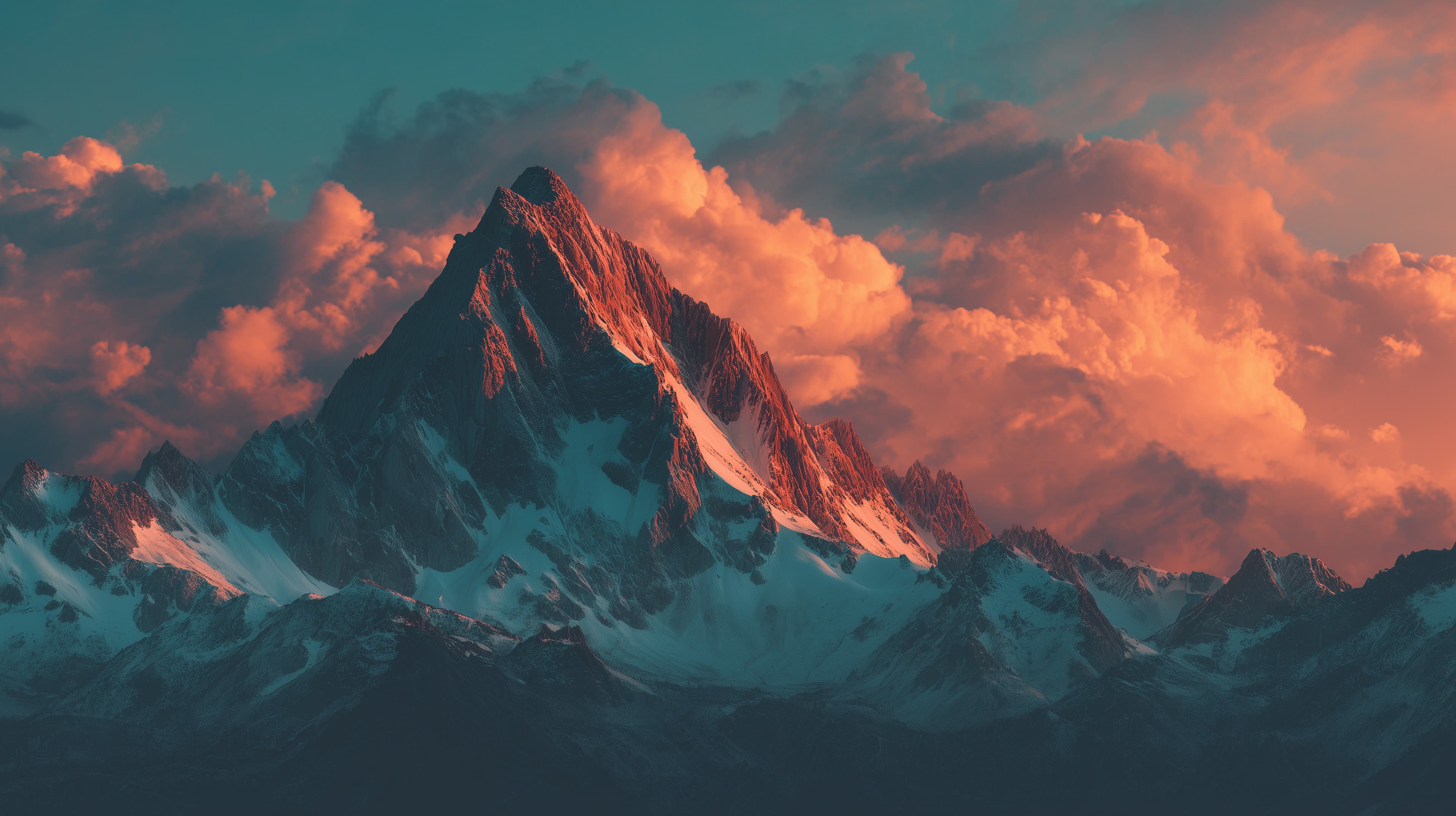 Crimson Sunset Over Snowy Mountain Peak at Dusk, Majestic - High Resolution alpine Wallpaper for Mobile and Desktop