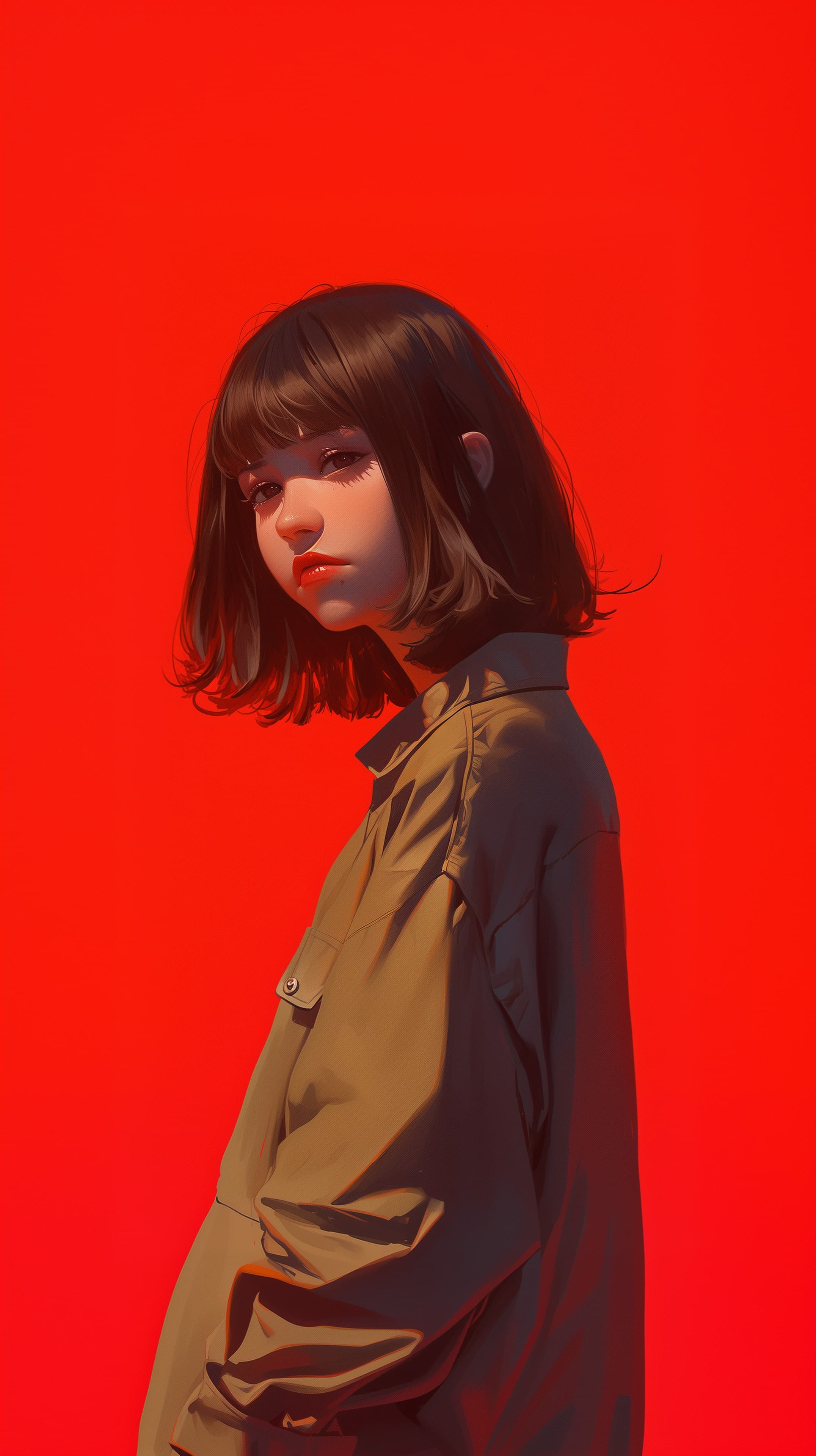 Vivid Red Backdrop Portrait in Soft Digital Painting - High Resolution character-design Wallpaper for Mobile and Desktop
