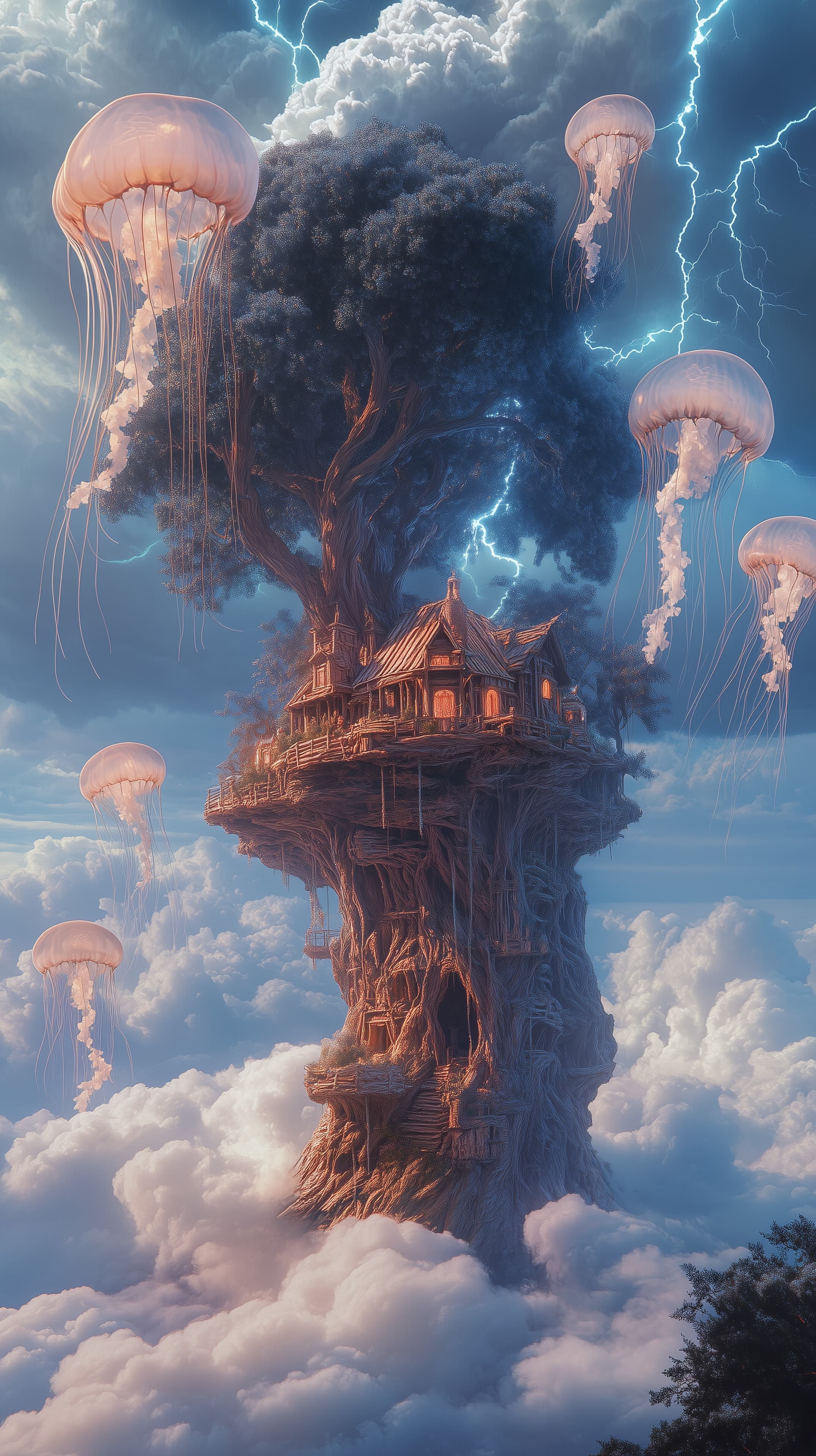 Dreamy Skybound Treehouse Amid Lightning and Floating Jellyfish - High Resolution clouds Wallpaper for Mobile and Desktop