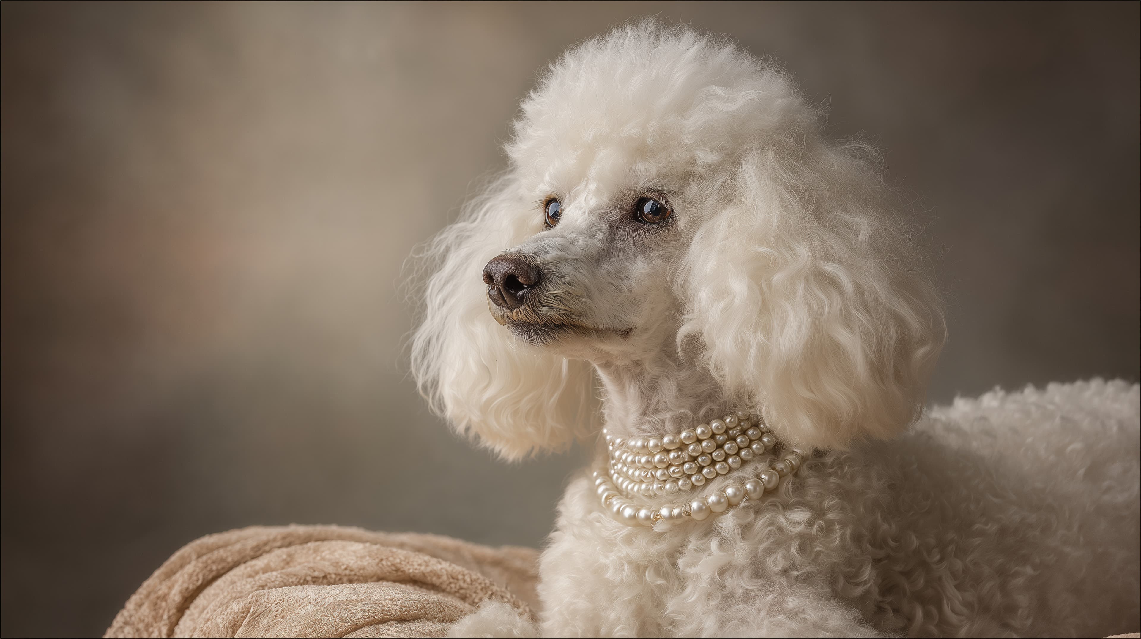 Elegant White Poodle Portrait with Pearl Necklace Wallpaper - High Resolution white-dog Wallpaper for Mobile and Desktop