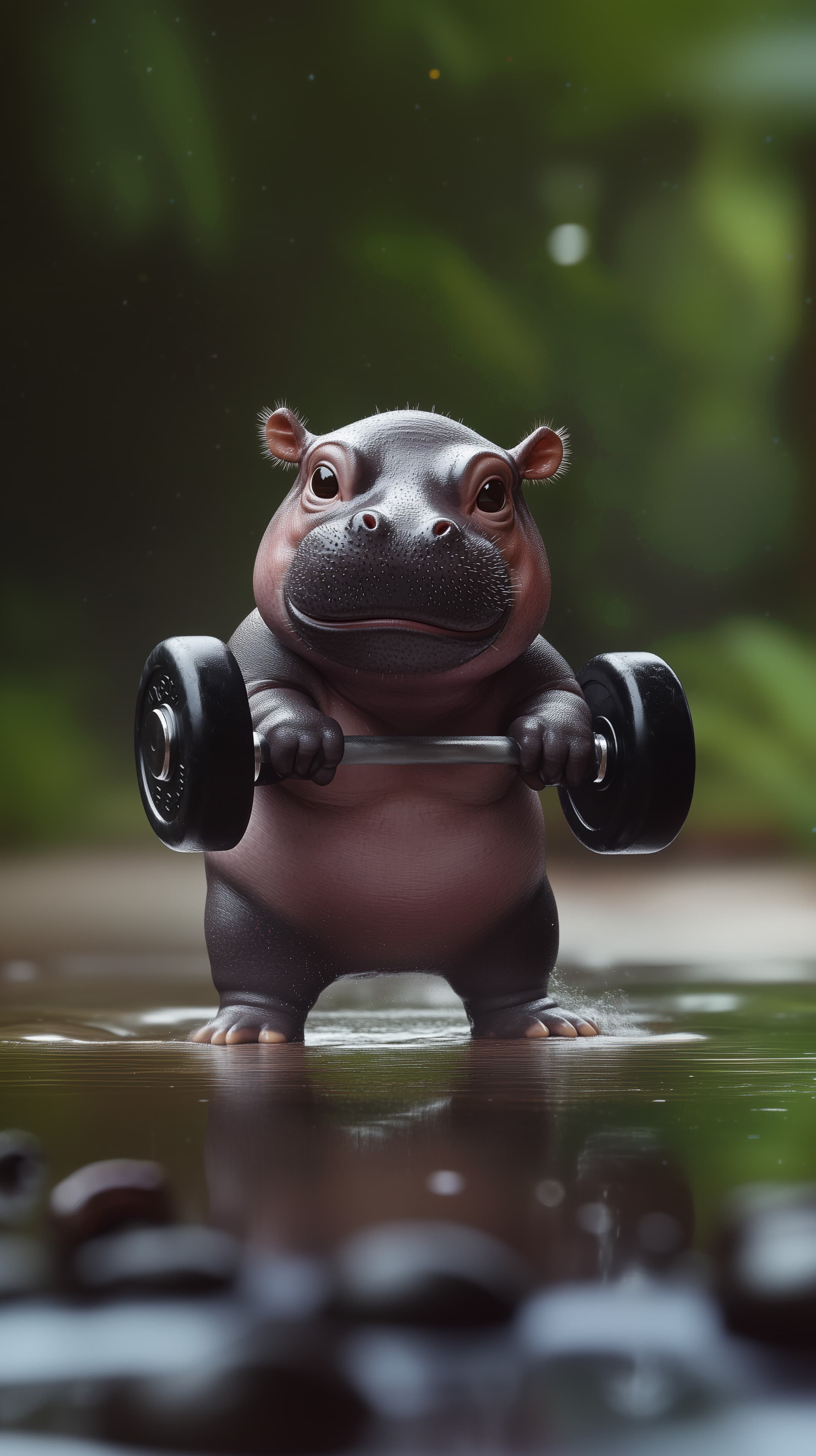 Adorable Hippo Lifting Weights in a Misty Forest Scene - High Resolution 3d-art Wallpaper for Mobile and Desktop