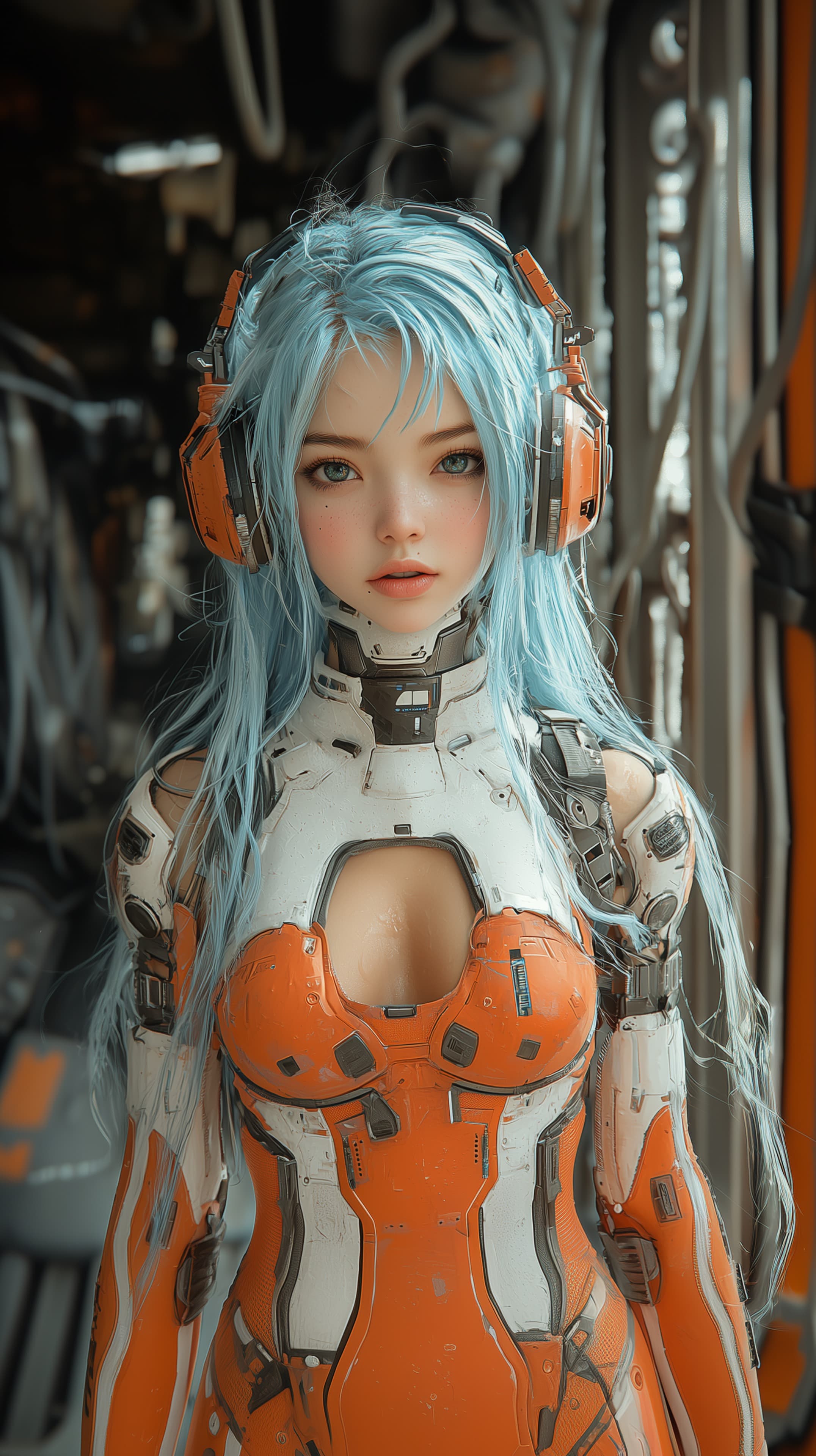 Futuristic Cyborg Portrait: Orange Armor, Electric Blue Hair - High Resolution armor-suit Wallpaper for Mobile and Desktop