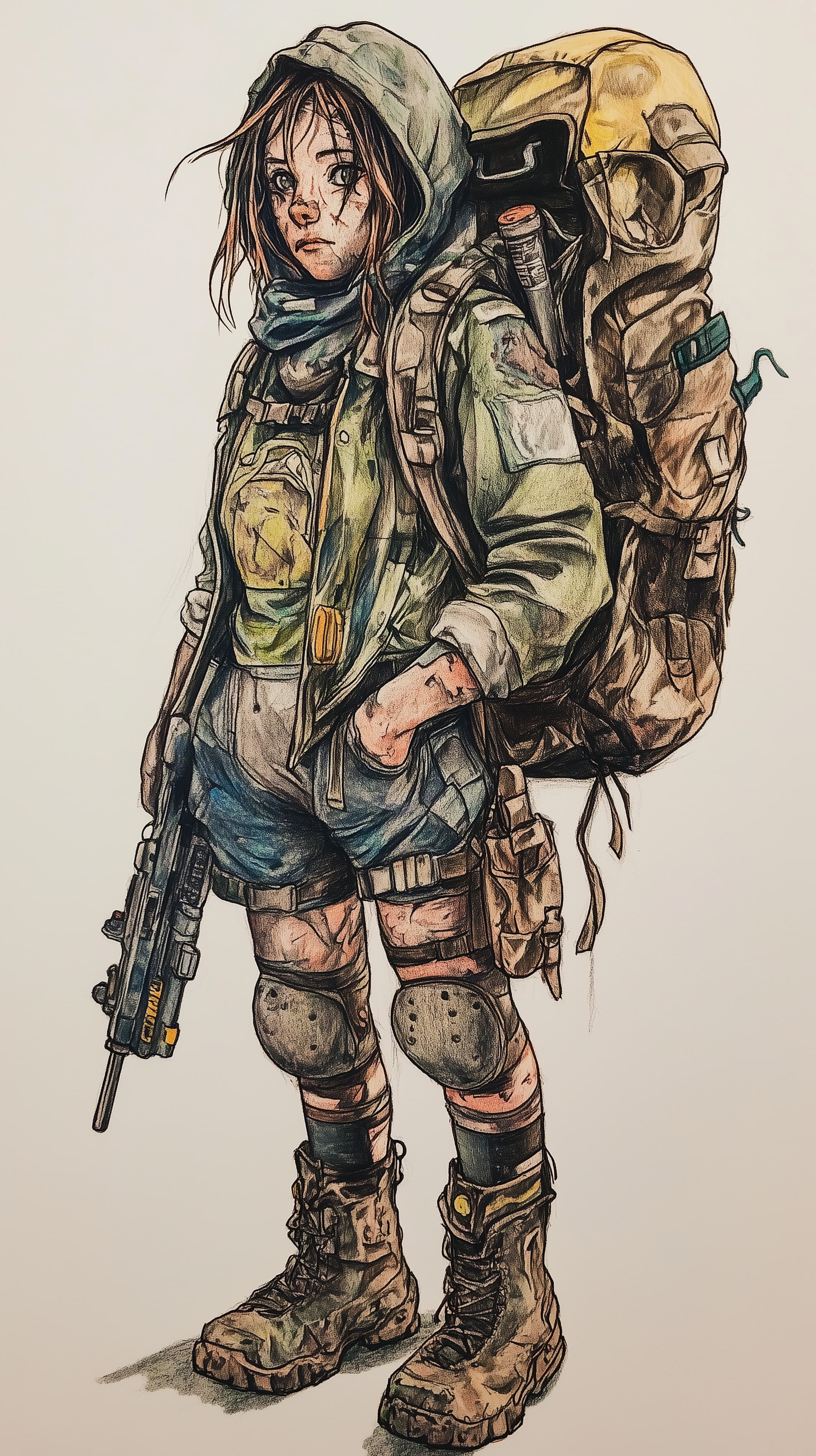 Stylized Military Survivor Portrait with Heavy Tactical Backpack - High Resolution adventure-art Wallpaper for Mobile and Desktop