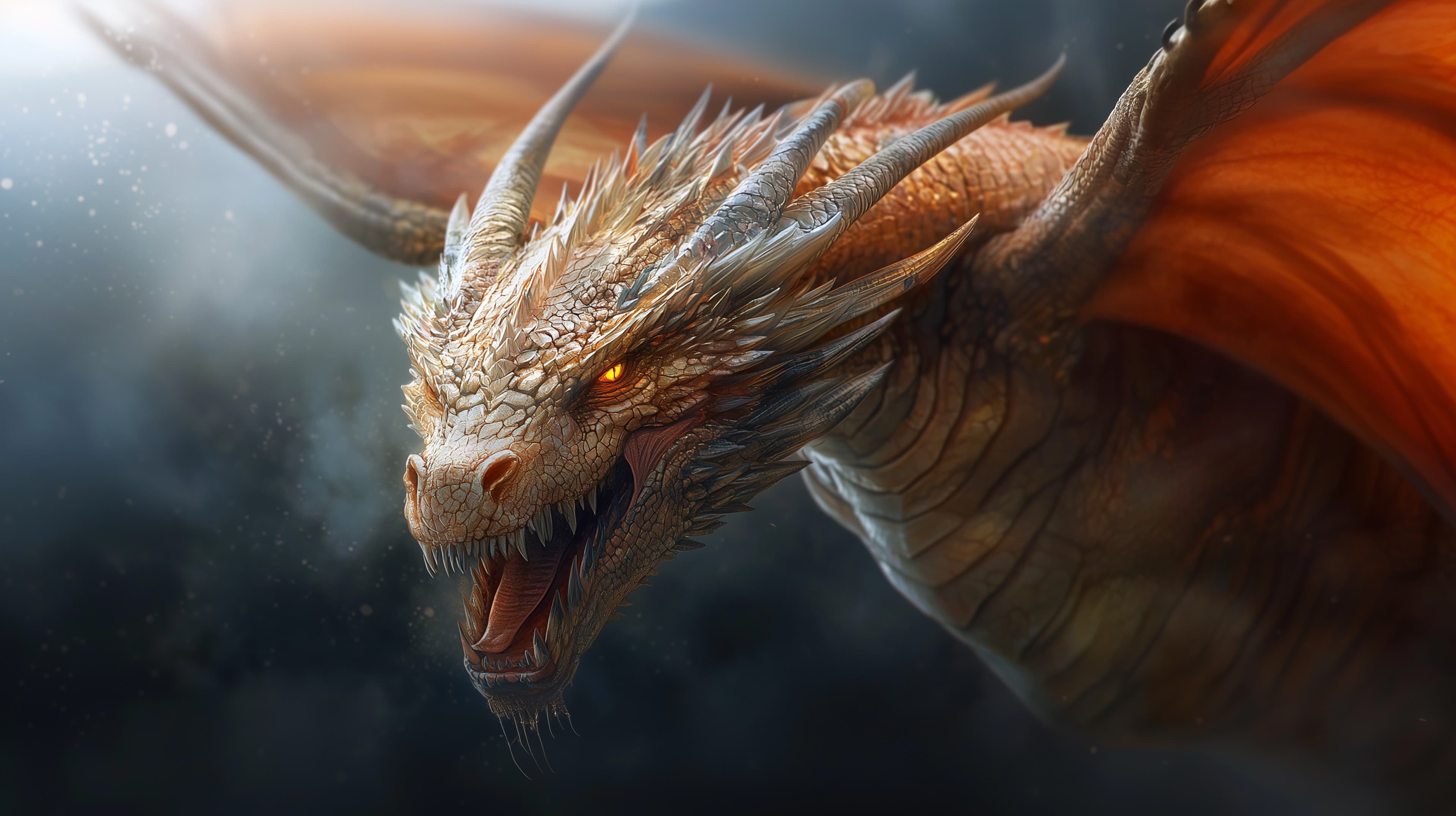 Epic Dragon Fantasy Wallpaper with Fiery Wings and Glowing Eyes - High Resolution cinematic-lighting Wallpaper for Mobile and Desktop
