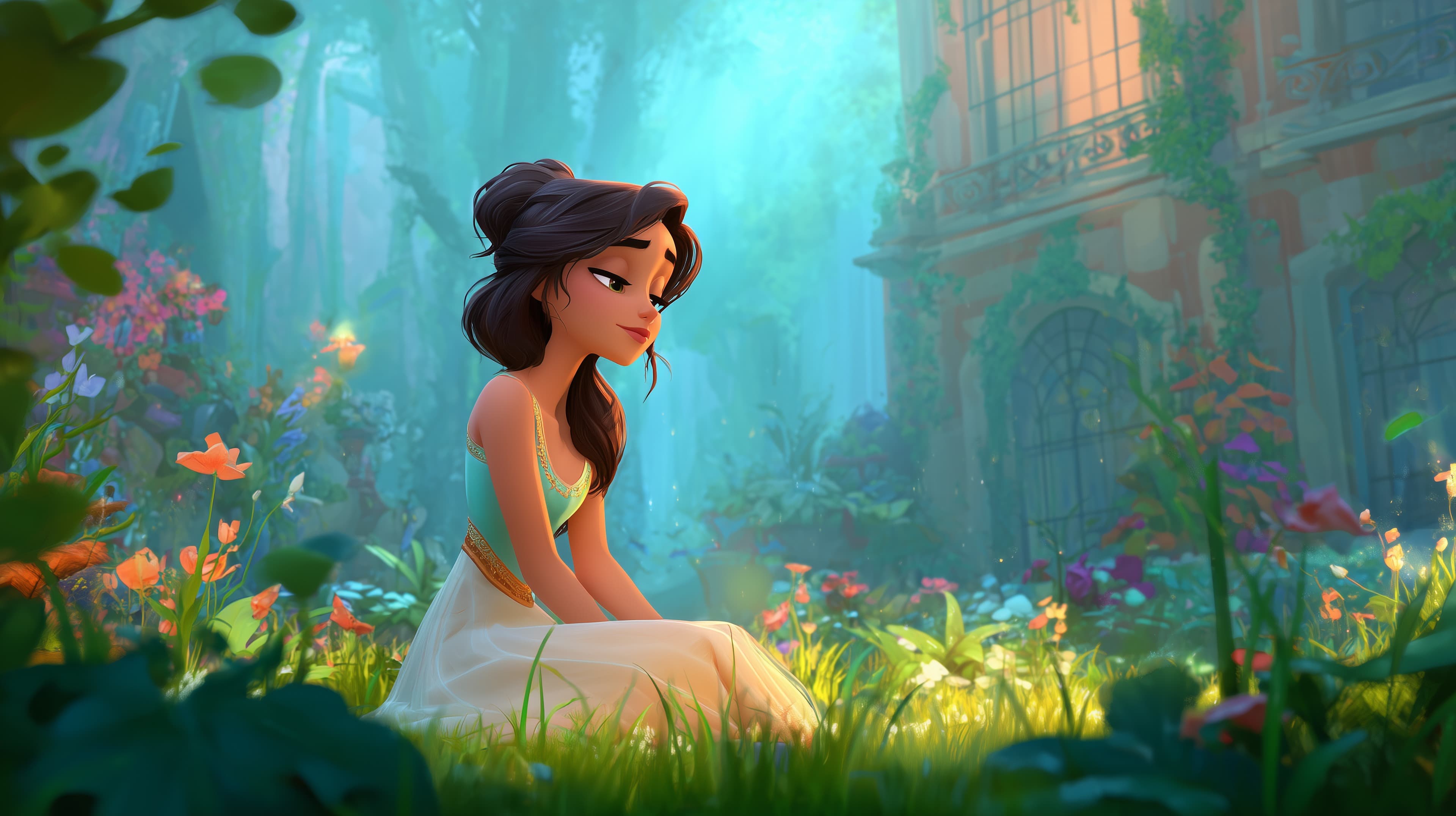 Dreamy garden scene: animated heroine in sunlight bloom - High Resolution animated-art Wallpaper for Mobile and Desktop