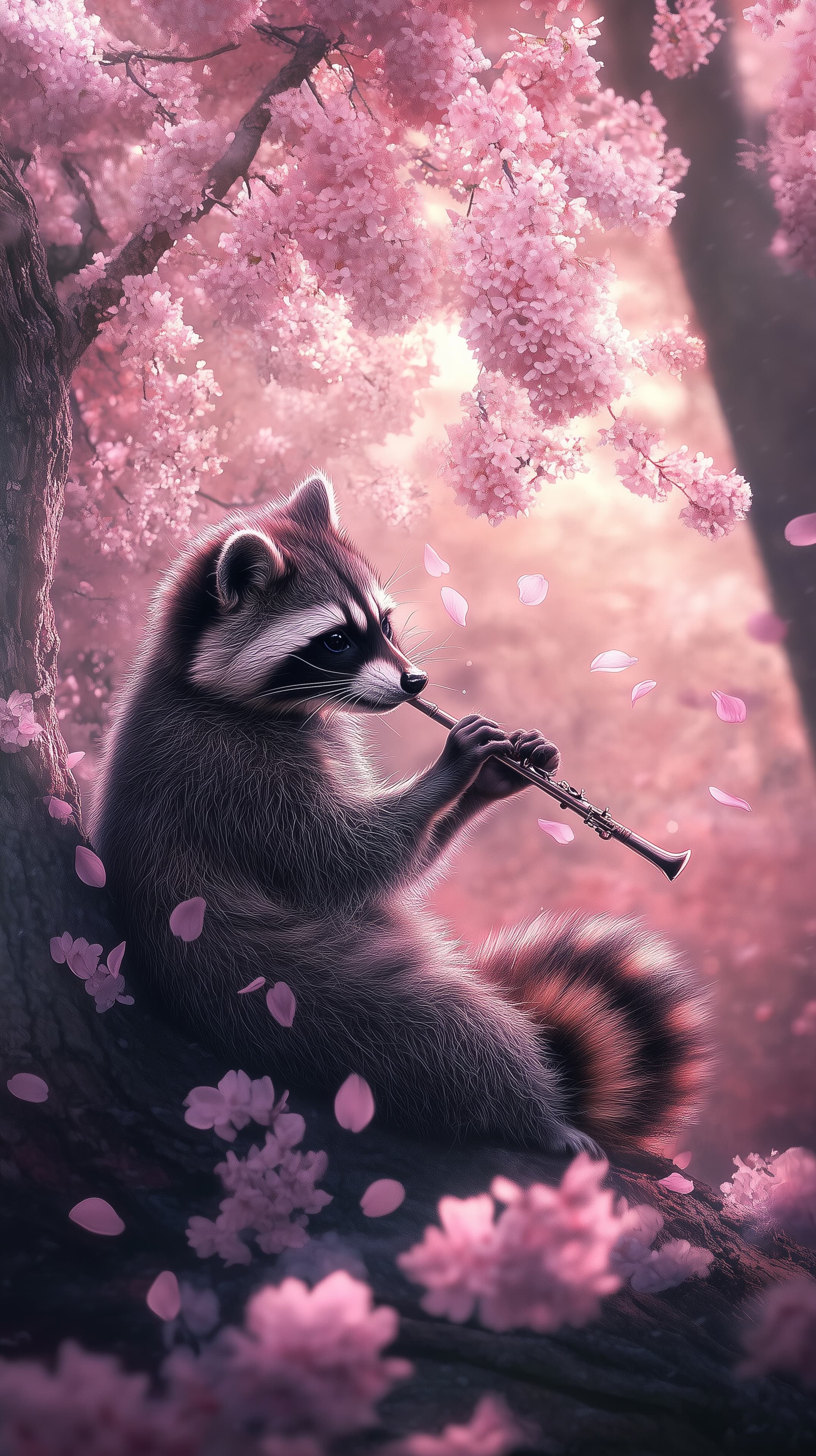 Dreamy Pink Cherry Blossom Forest Raccoon Playing Flute - High Resolution animal-musician Wallpaper for Mobile and Desktop