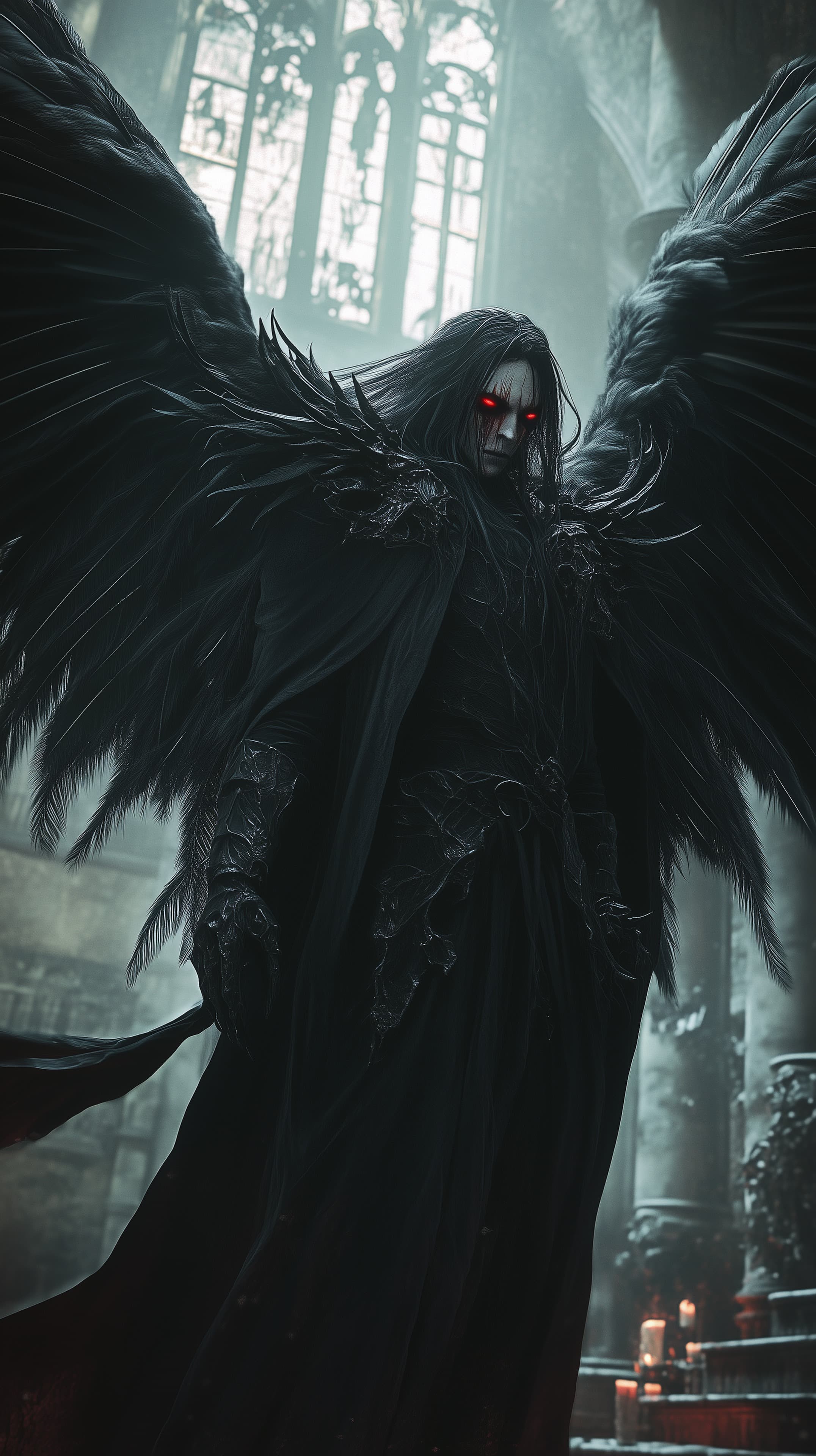 Dark Winged Entity in Gothic Cathedral – Fantasy Wallpaper - High Resolution black-wings Wallpaper for Mobile and Desktop