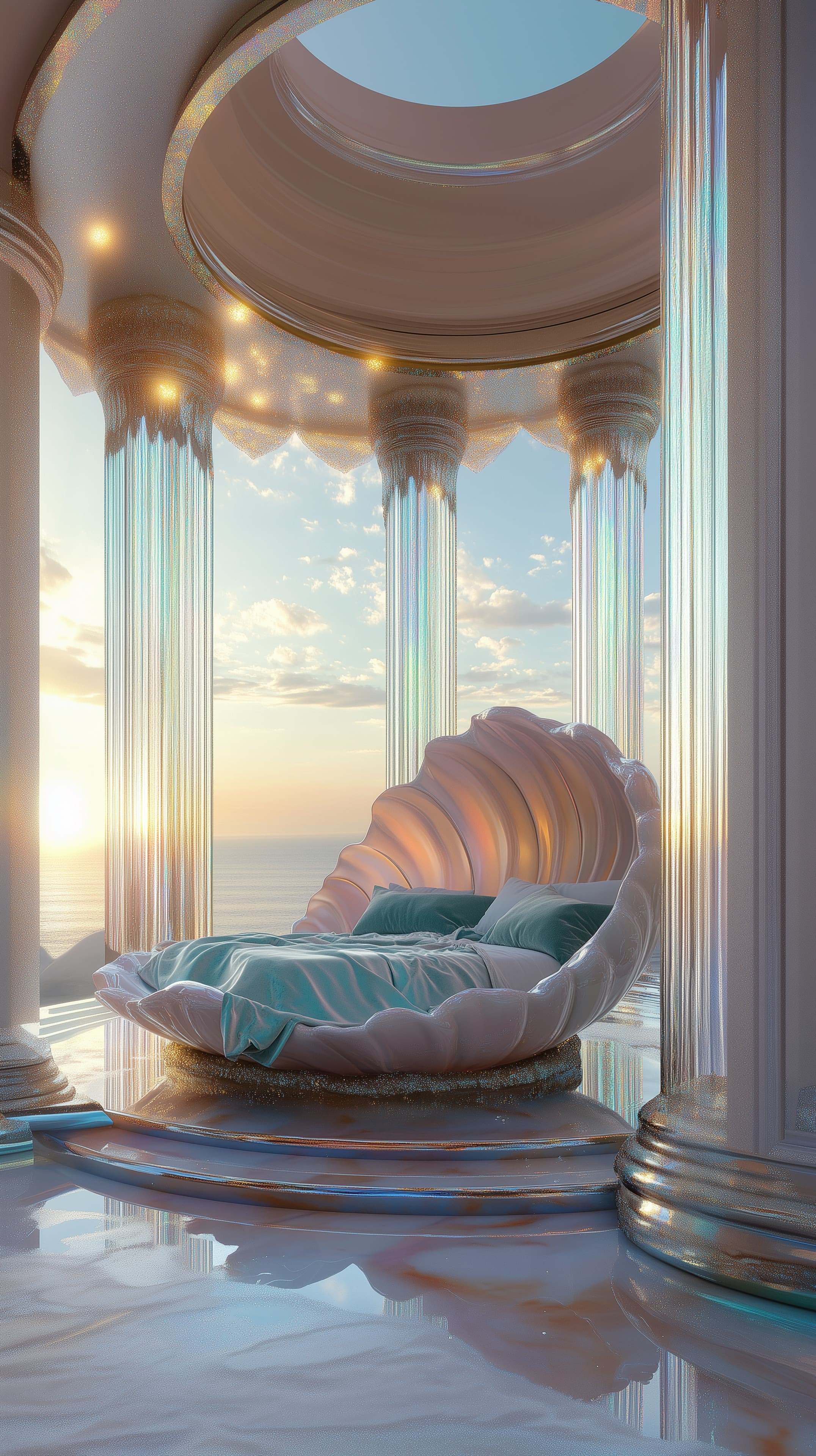 Dreamy Iridescent Pavilion with Shell Lounge at Sunset - High Resolution columns Wallpaper for Mobile and Desktop
