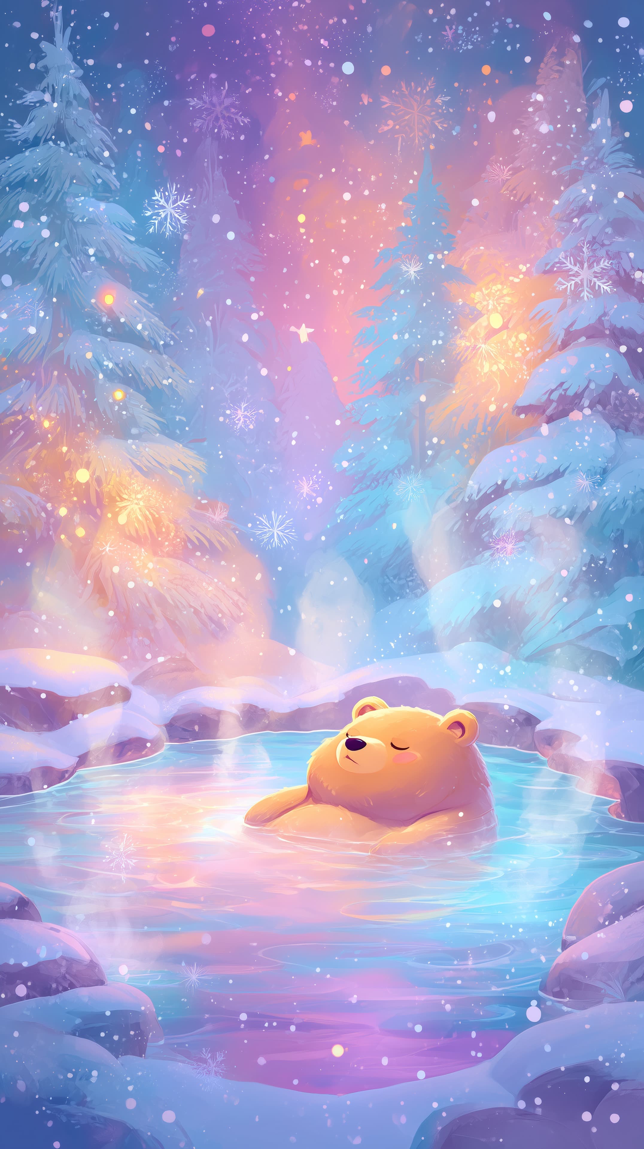 Pastel Winter Wonderland: Cozy Bear Relaxing in Aurora Pool - High Resolution aurora Wallpaper for Mobile and Desktop