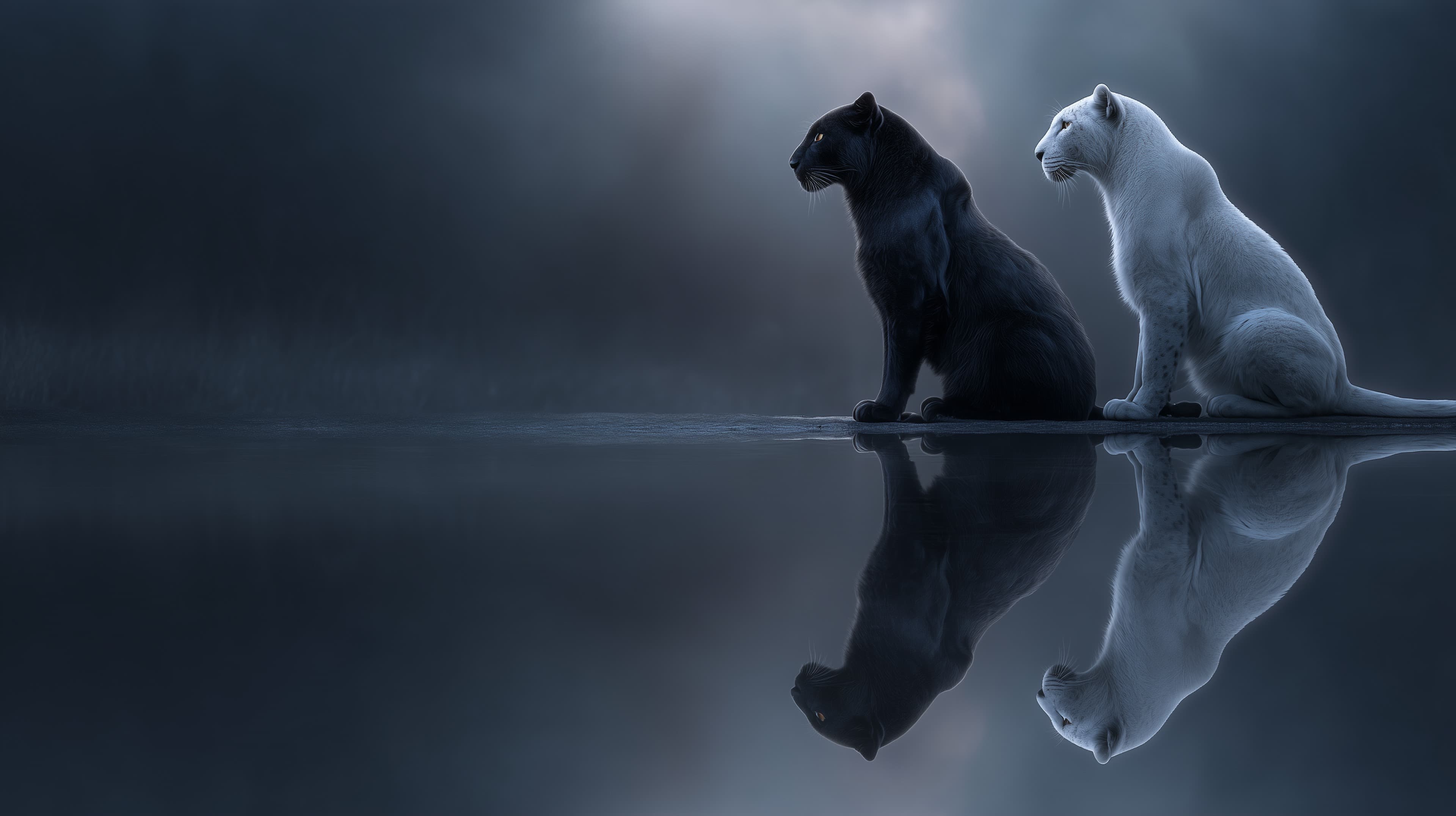 Moonlit Duo: Black and White Big Cats on Calm Water - High Resolution two-cats Wallpaper for Mobile and Desktop