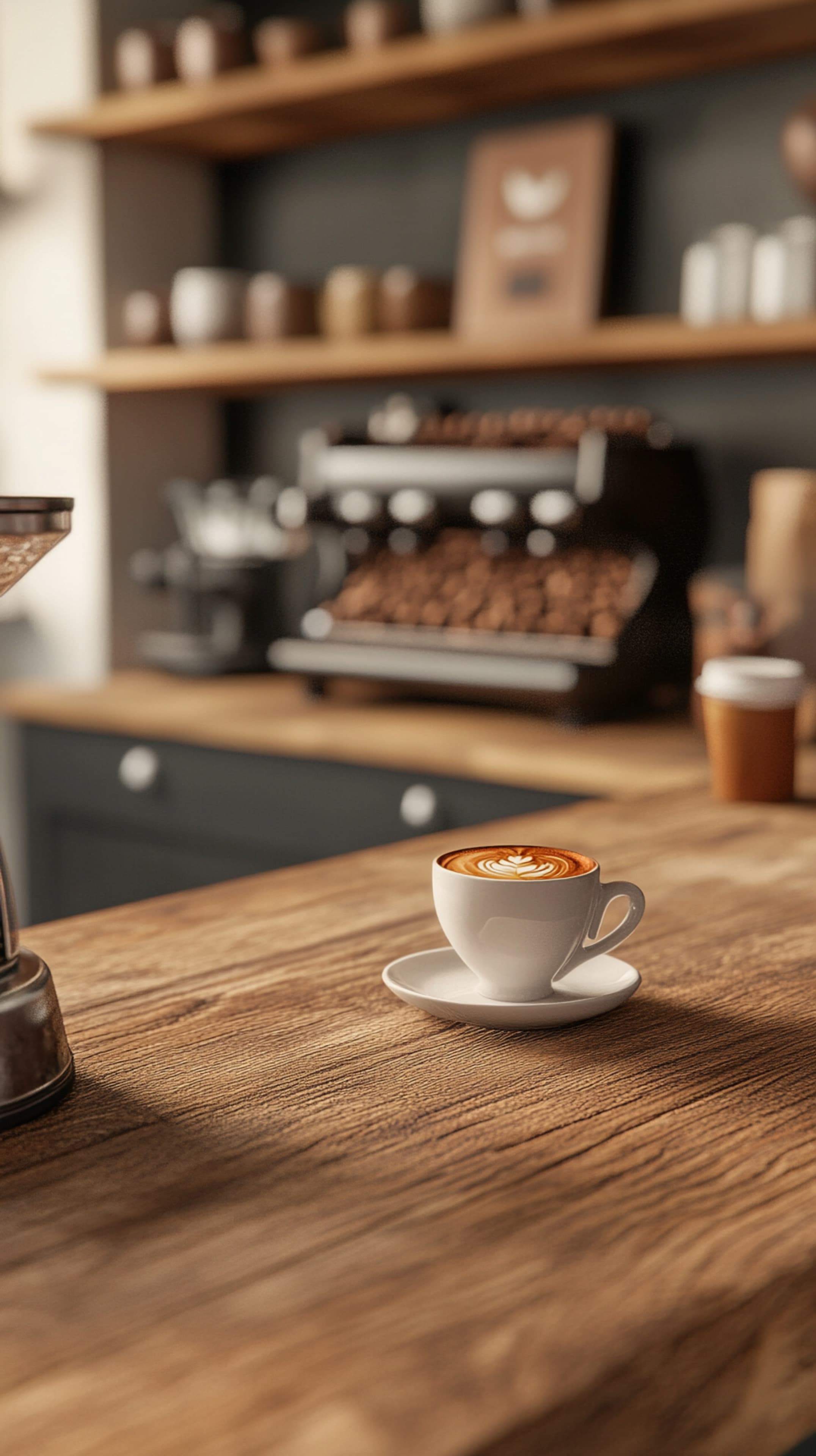 Cozy Coffee Shop Scene with Latte Art on Wooden Table - High Resolution latte-art Wallpaper for Mobile and Desktop