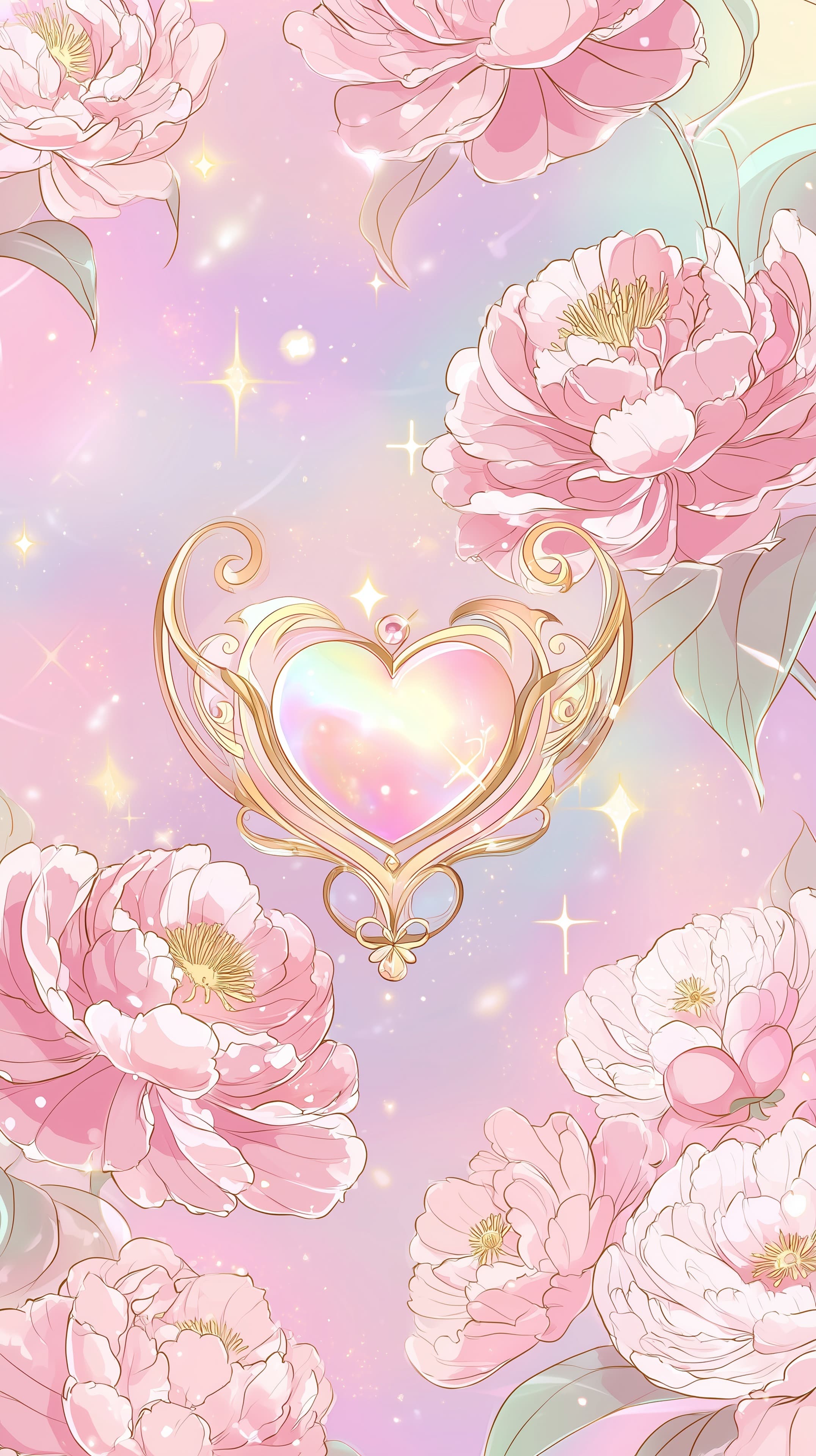 Pastel Floral Heart Wallpaper with Elegant Gold Ornament Accents - High Resolution dreamy-background Wallpaper for Mobile and Desktop