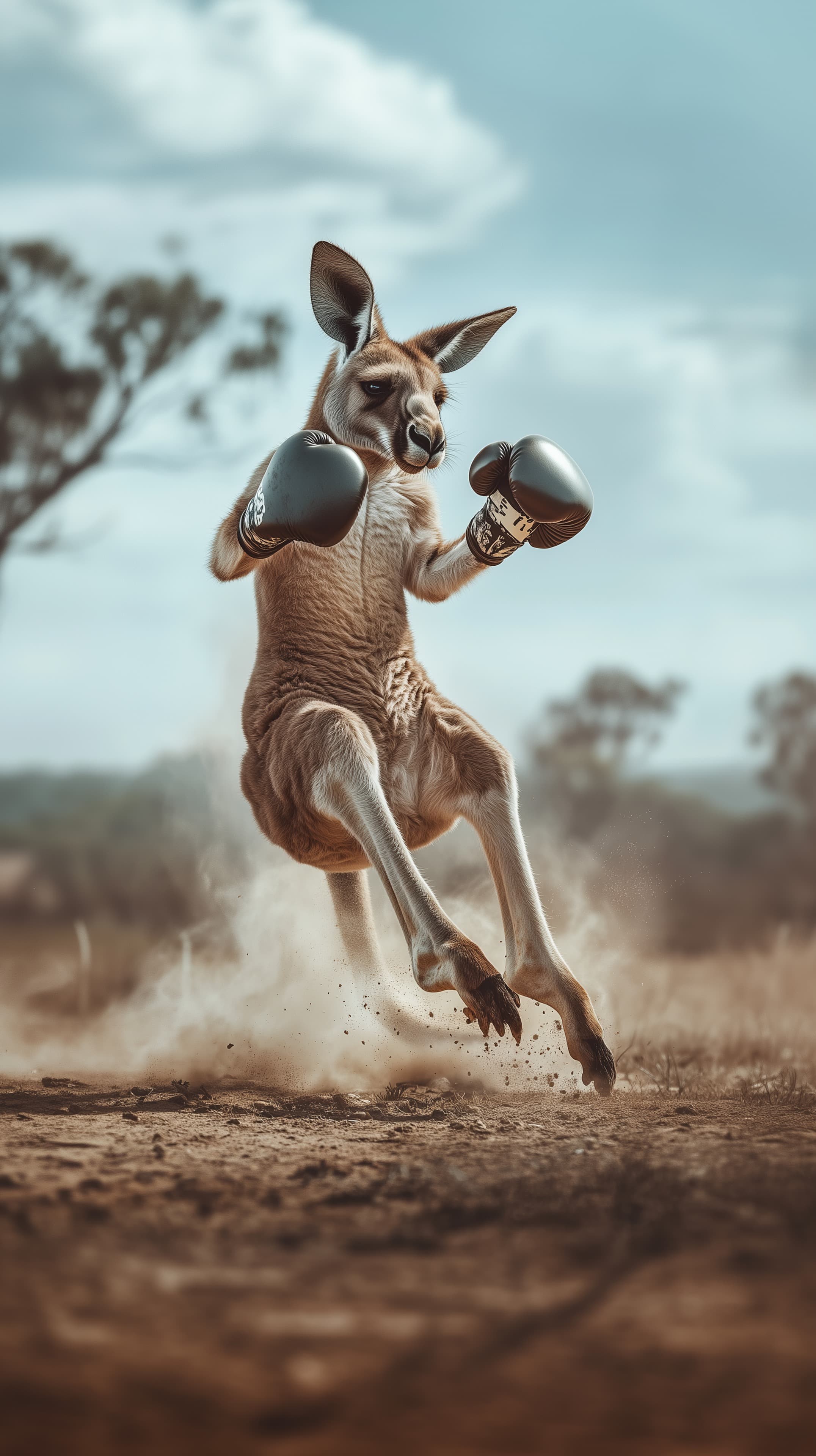 Dynamic Boxing Kangaroo in Dusty Action Pose - Bold Wall Art - High Resolution boxing Wallpaper for Mobile and Desktop