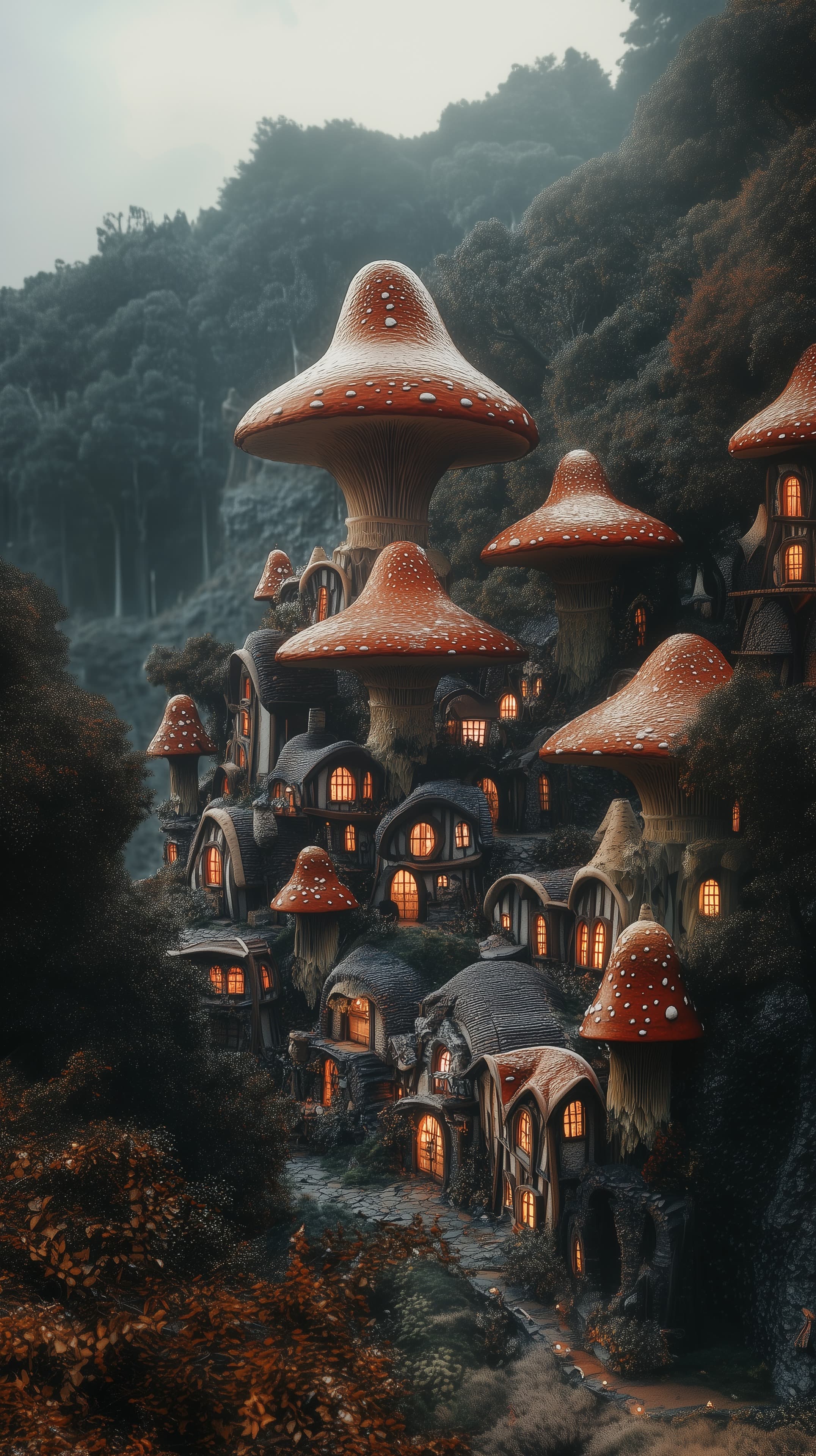 Whimsical Mushroom Village in Warm Glowing Lantern Light - High Resolution cozy-cottages Wallpaper for Mobile and Desktop