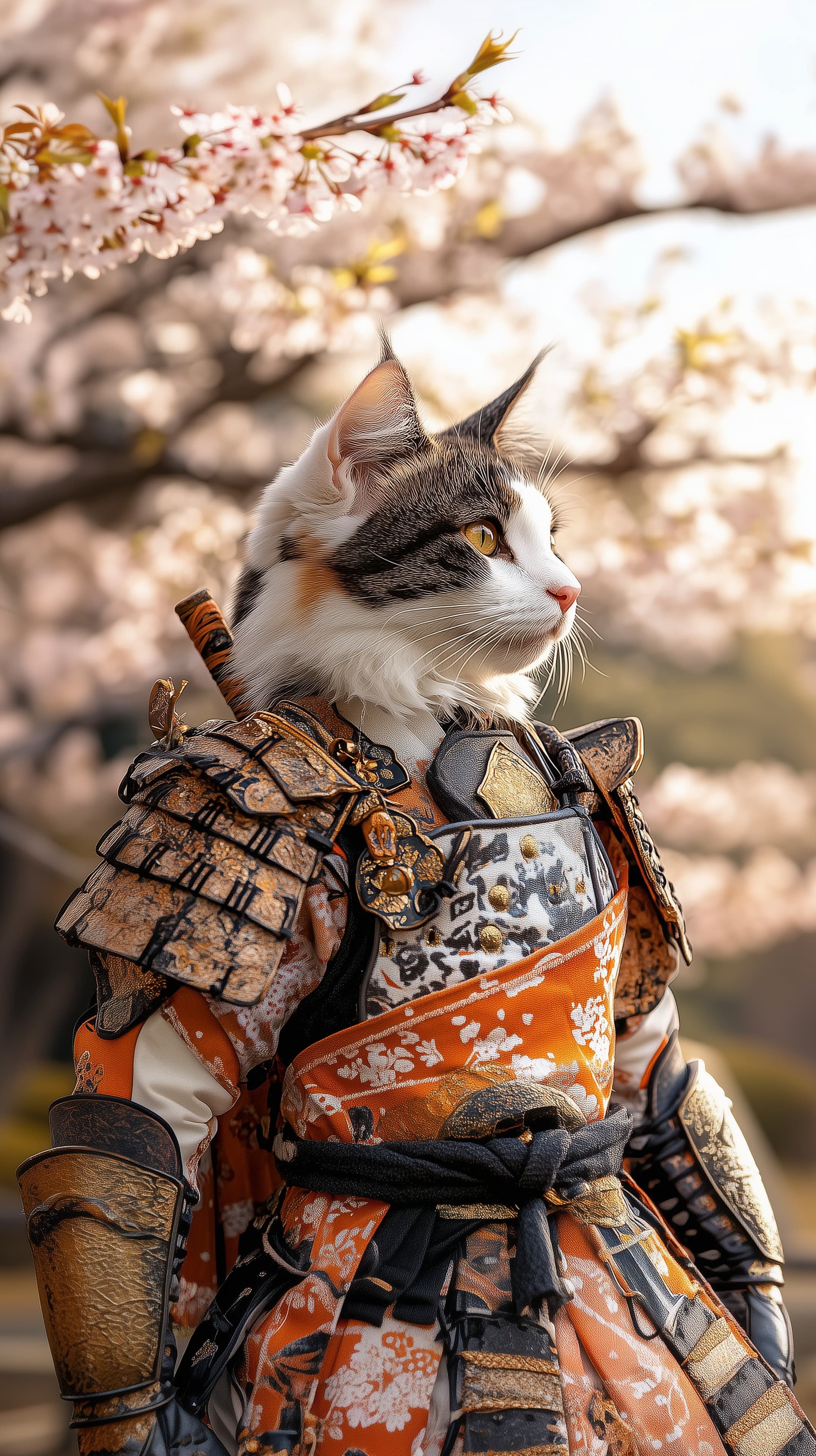 Samurai Cat in Ornate Armor Amid Cherry Blossom Garden - High Resolution armor Wallpaper for Mobile and Desktop