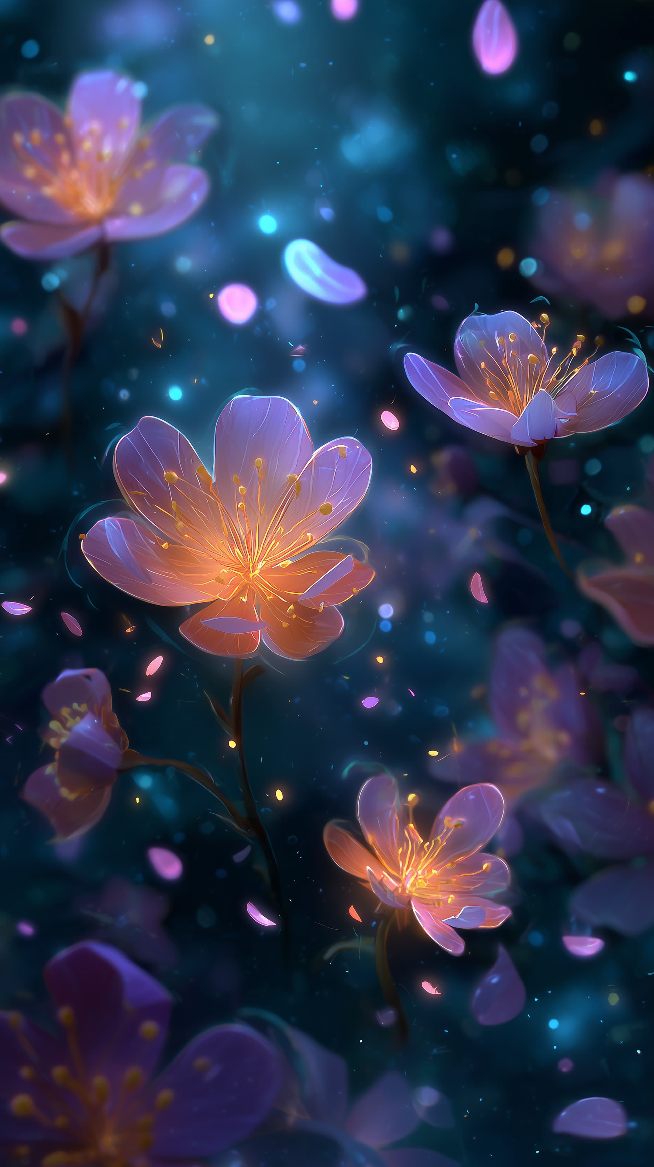 Glowing Neon Flowers in a Dreamy Night Garden Artwork - High Resolution bioluminescent-petals Wallpaper for Mobile and Desktop