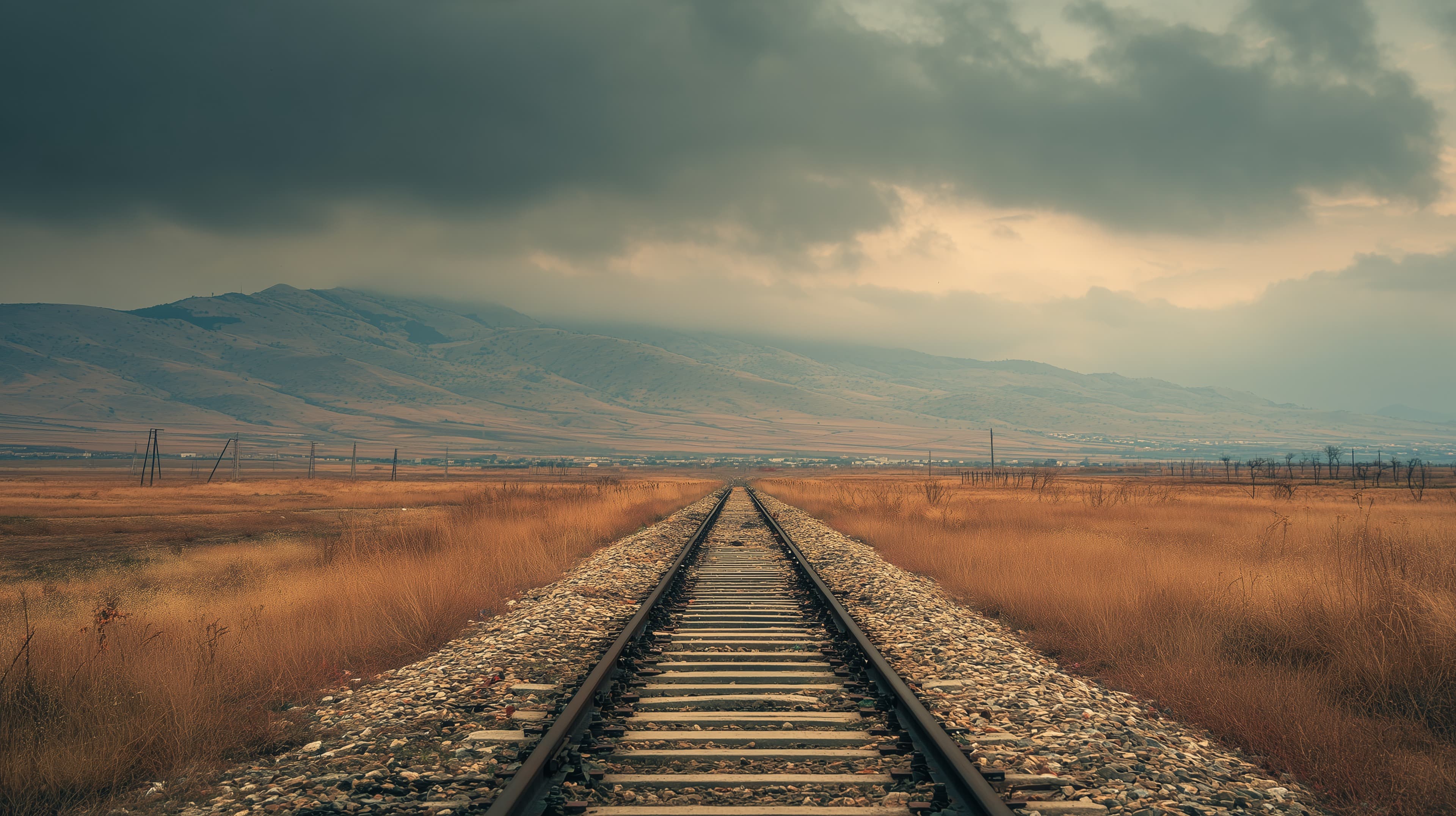 Golden Horizon Railway: Desert Track at Dusk, Vast Open Valley - High Resolution desert Wallpaper for Mobile and Desktop