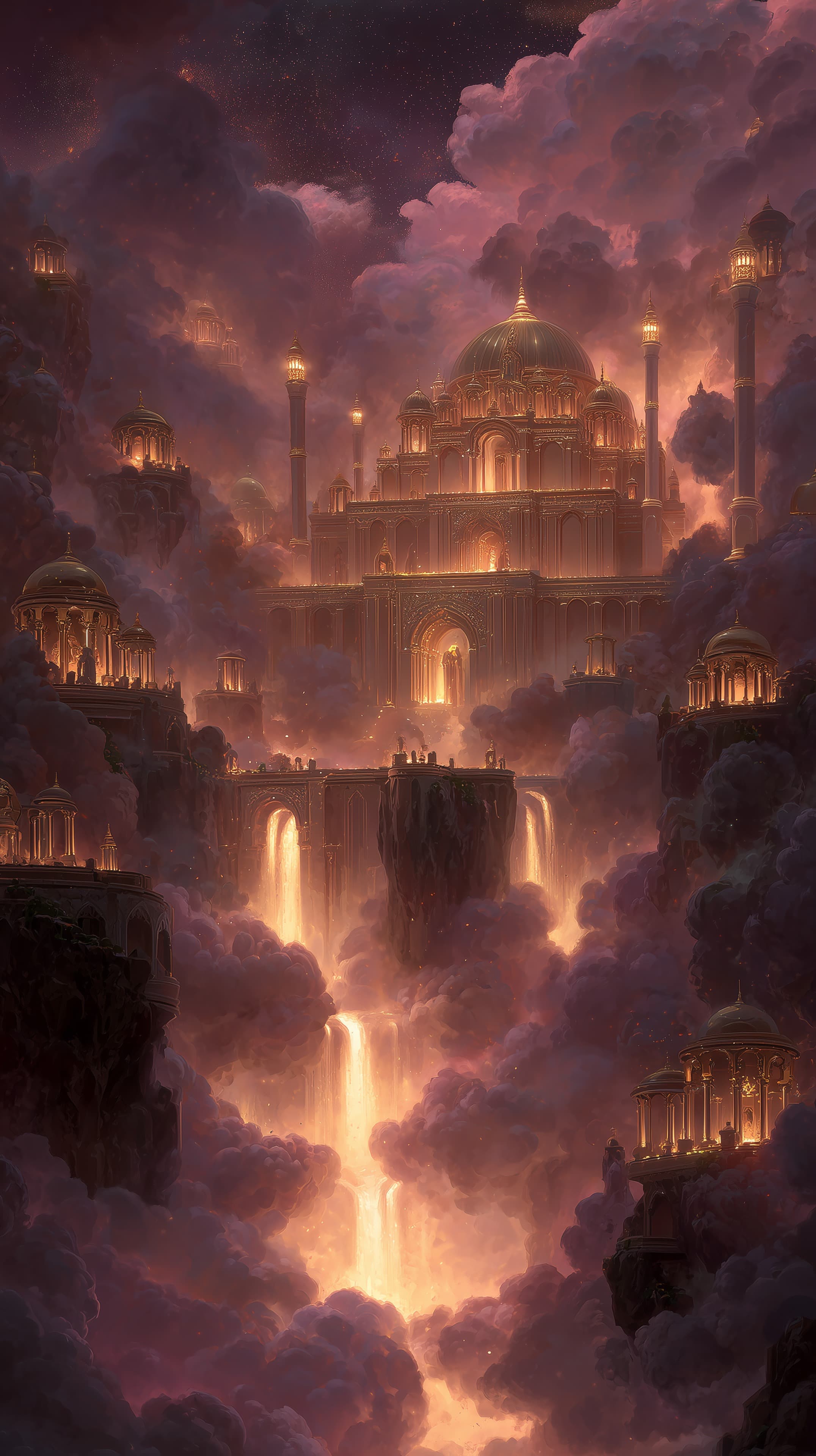 Celestial Cloud City: Glowing Domed Palace in the Sky - High Resolution cloudscape Wallpaper for Mobile and Desktop