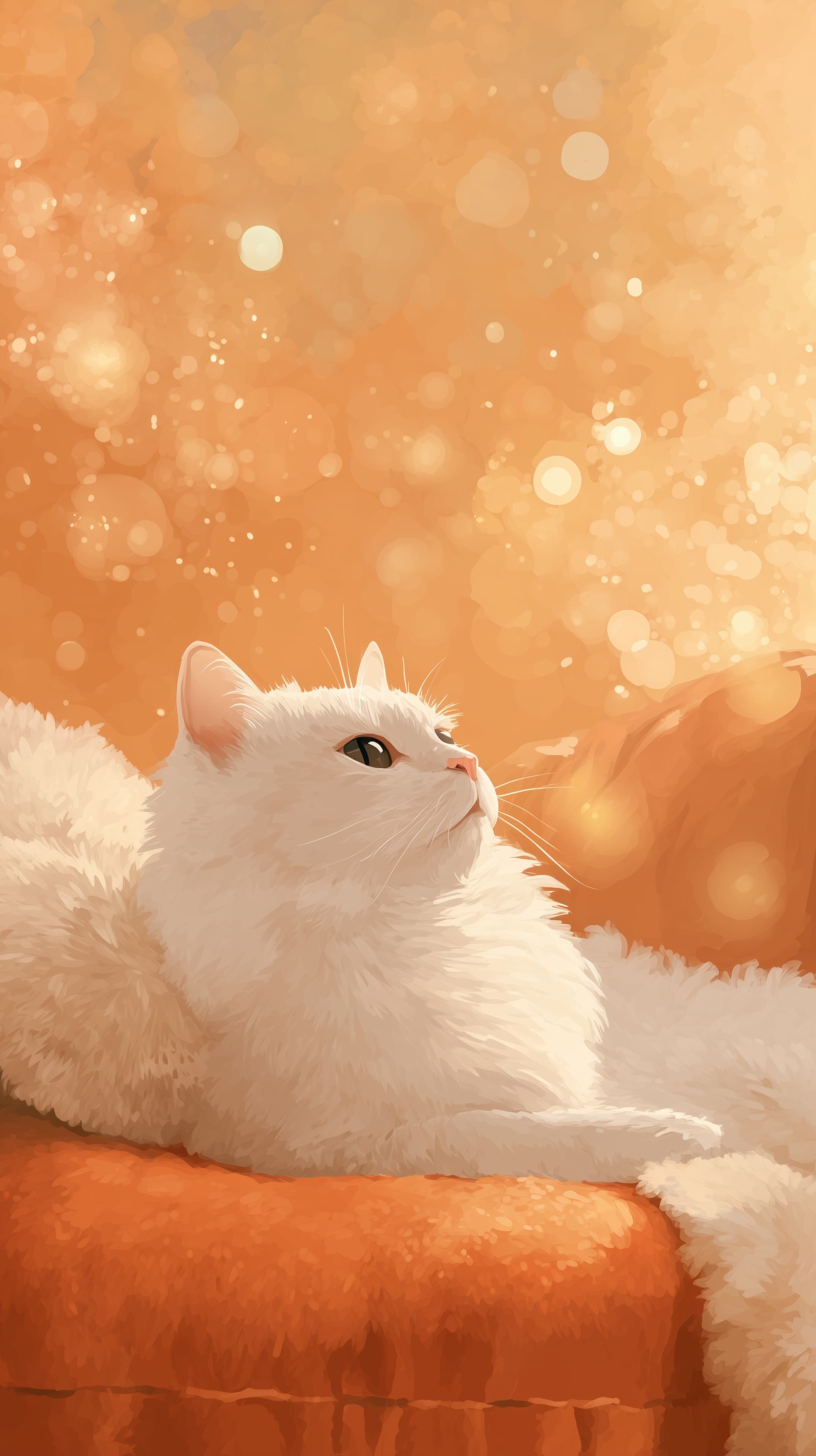 Cozy White Cat Lounging on an Orange Sofa - Warm Bokeh Wallpaper - High Resolution bokeh Wallpaper for Mobile and Desktop