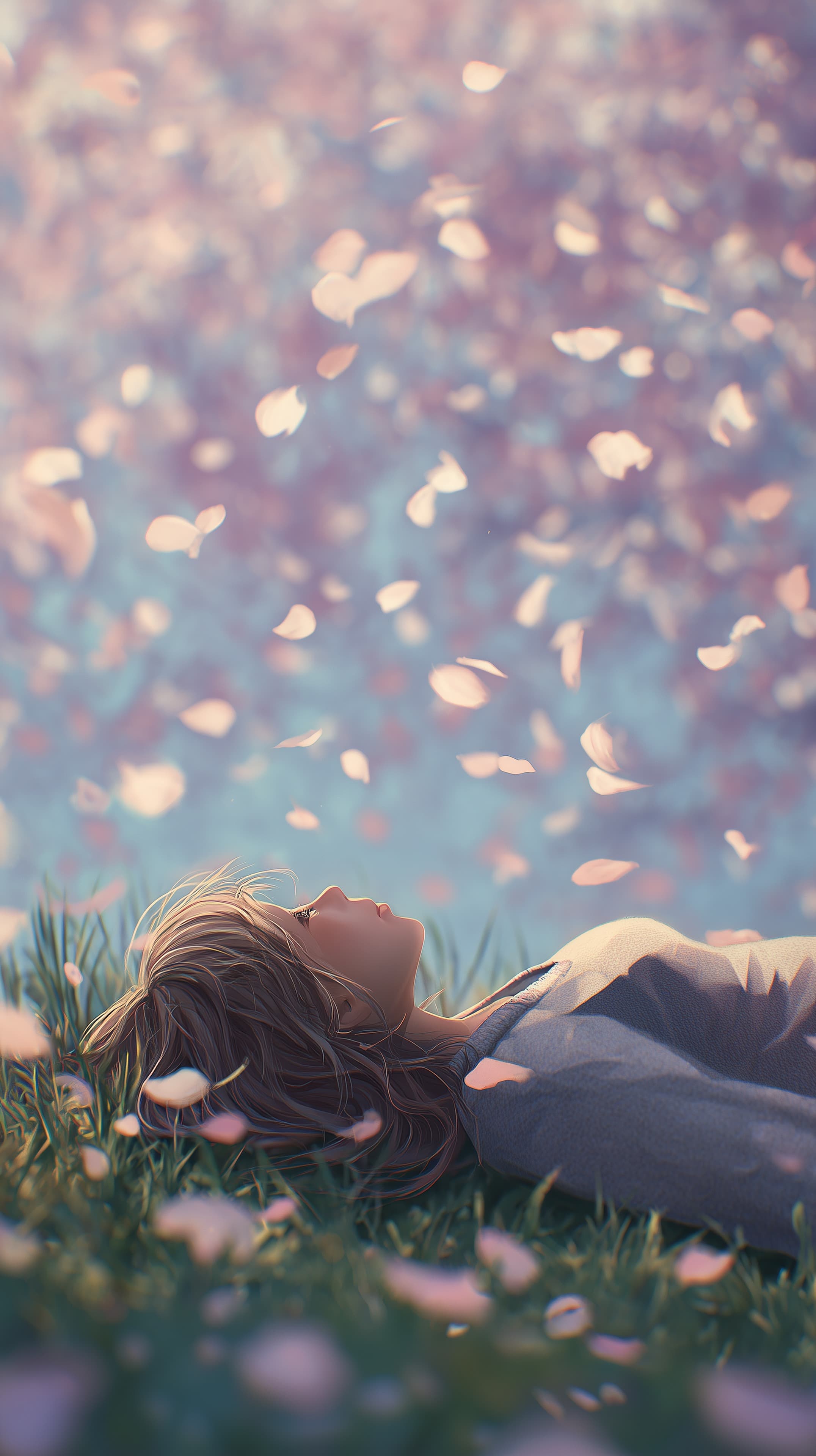 Dreamy Pastel Meadow: Woman Lying Among Falling Petals Wallpaper - High Resolution bokeh Wallpaper for Mobile and Desktop