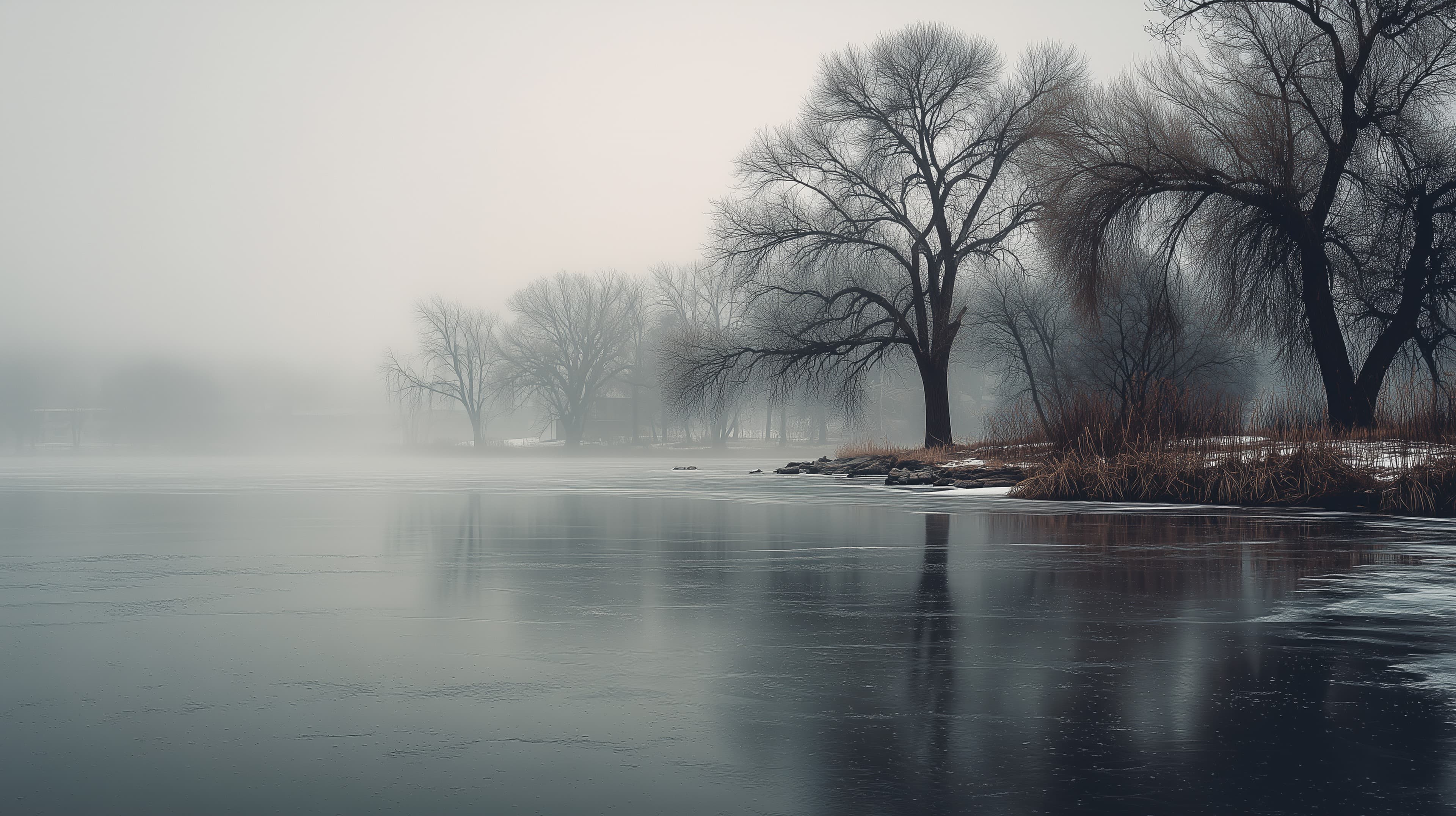 Tranquil Winter Mist Over Frozen Lake Landscape at Dawn - High Resolution calm-scenery Wallpaper for Mobile and Desktop