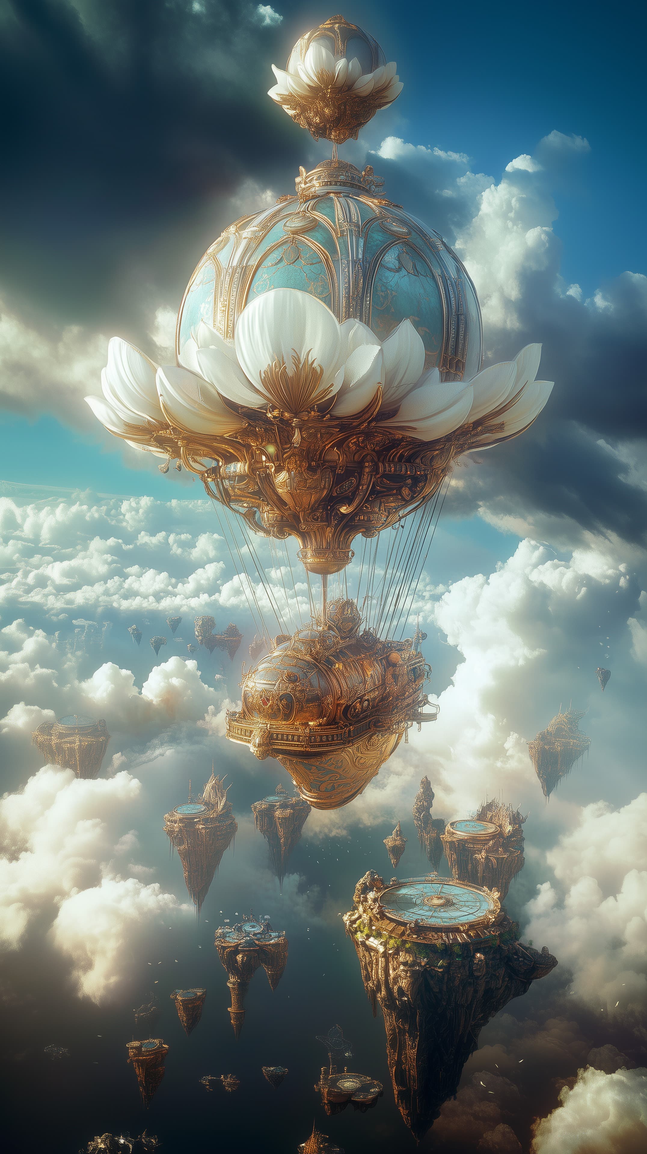 Floating Golden Airship in a Dreamy Sky – Fantasy Steamwork - High Resolution airship Wallpaper for Mobile and Desktop