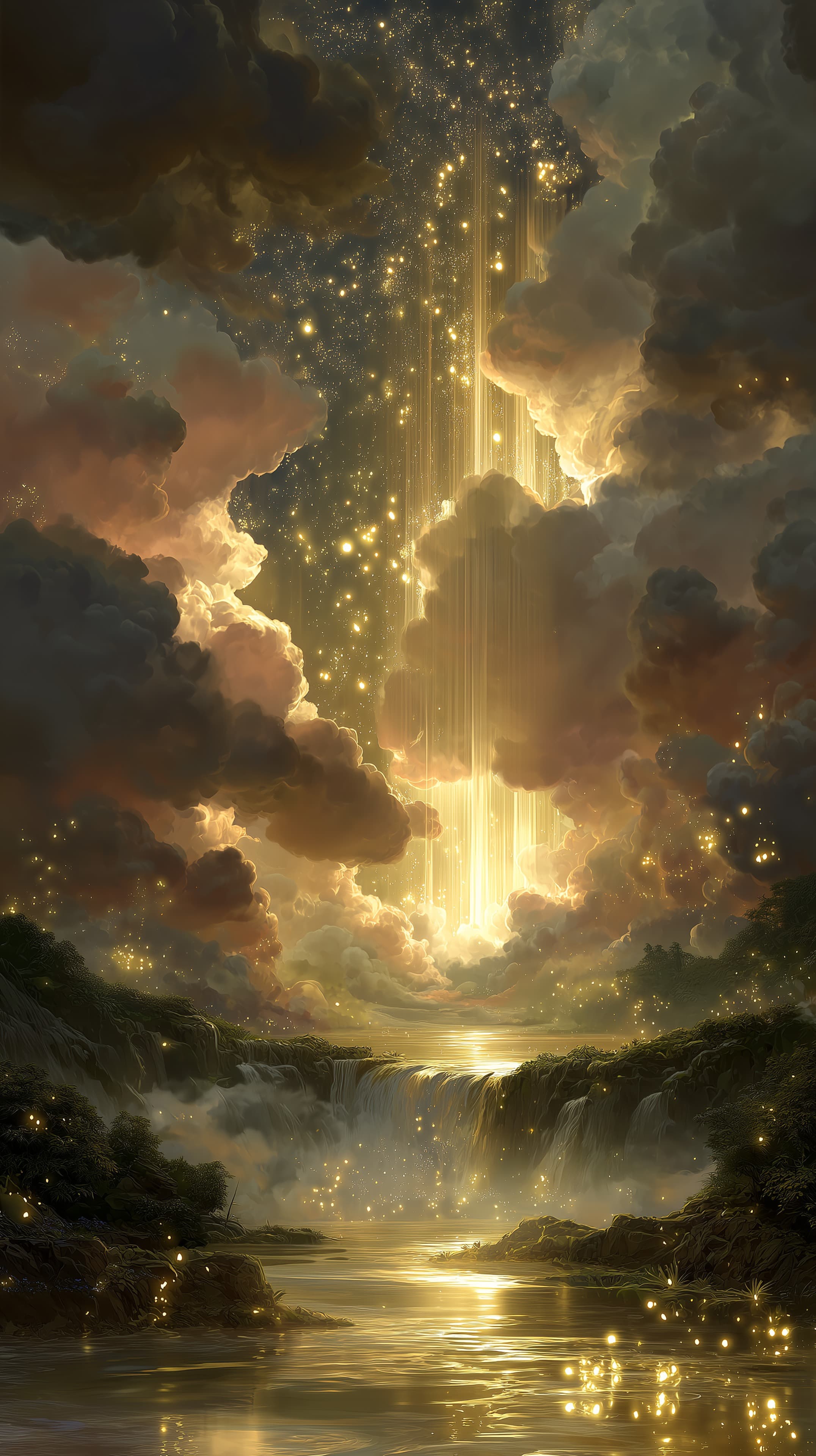 Golden Nightfall: Ethereal Light Over a Misty Valley - High Resolution cloudscape Wallpaper for Mobile and Desktop