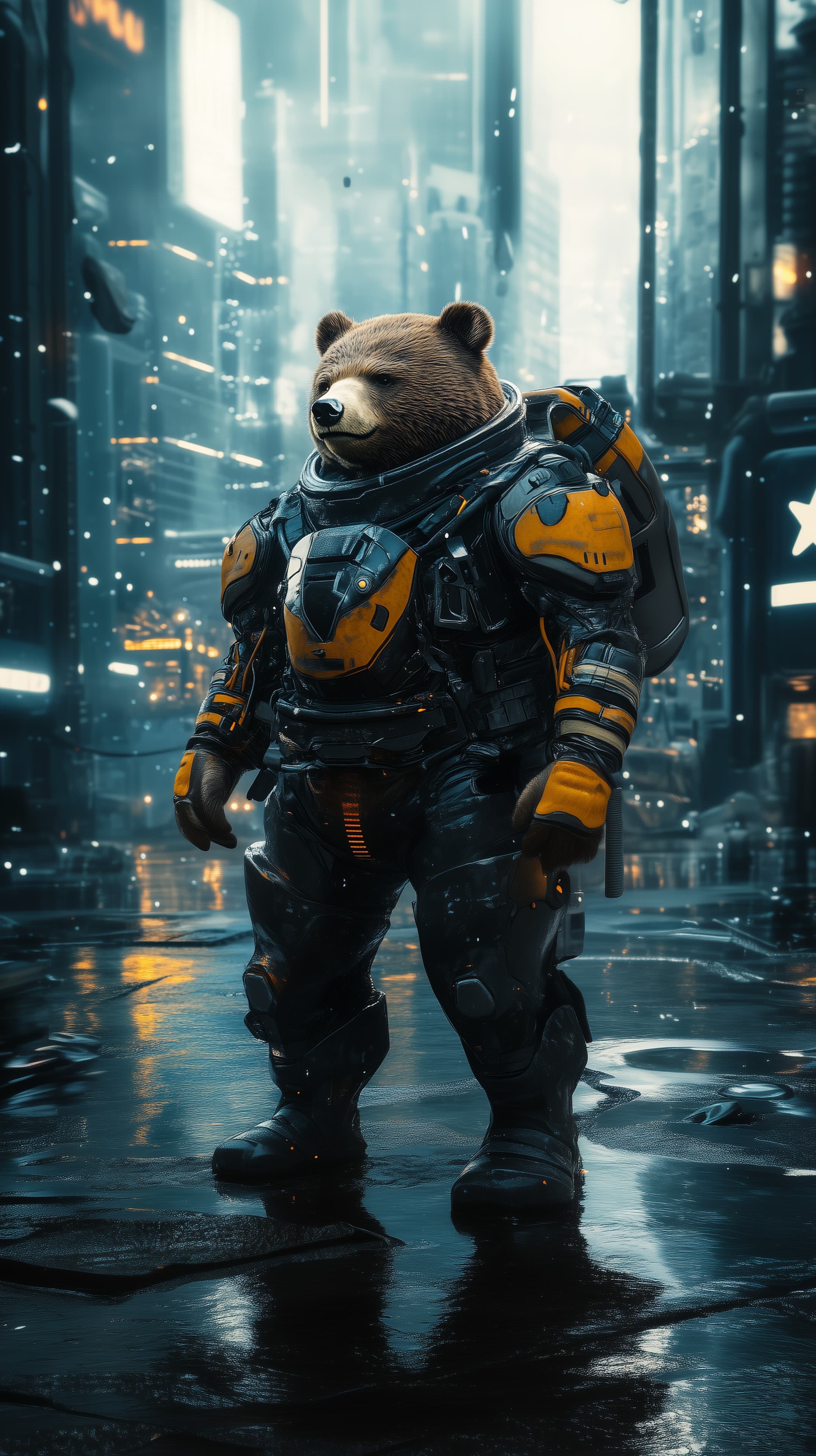 Bear in futuristic armor roaming a neon-lit cityscape - High Resolution anthropomorphic-character Wallpaper for Mobile and Desktop