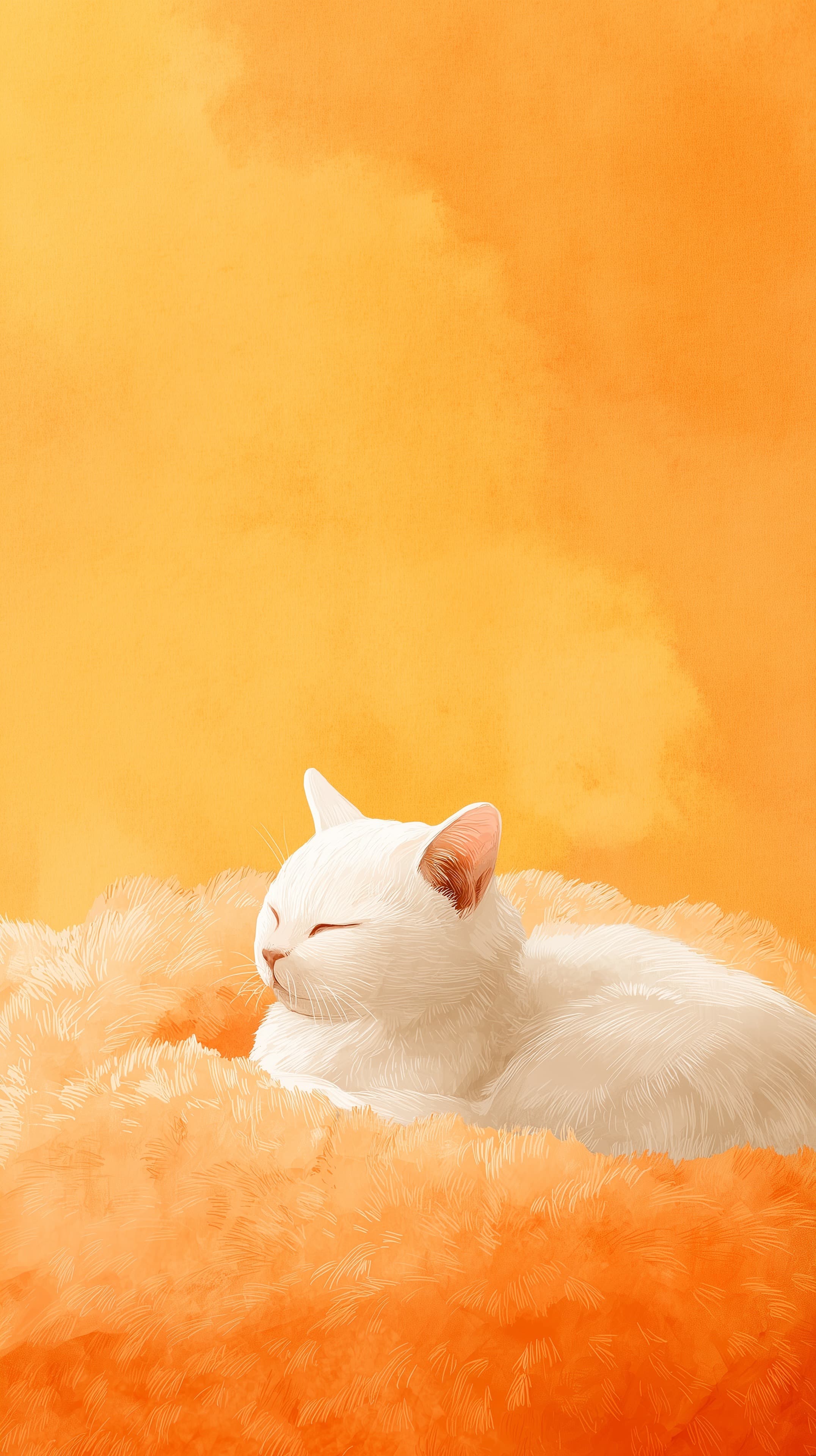 Sunlit Tranquil White Cat Resting on Cozy Orange Blanket - High Resolution cozy-decor Wallpaper for Mobile and Desktop