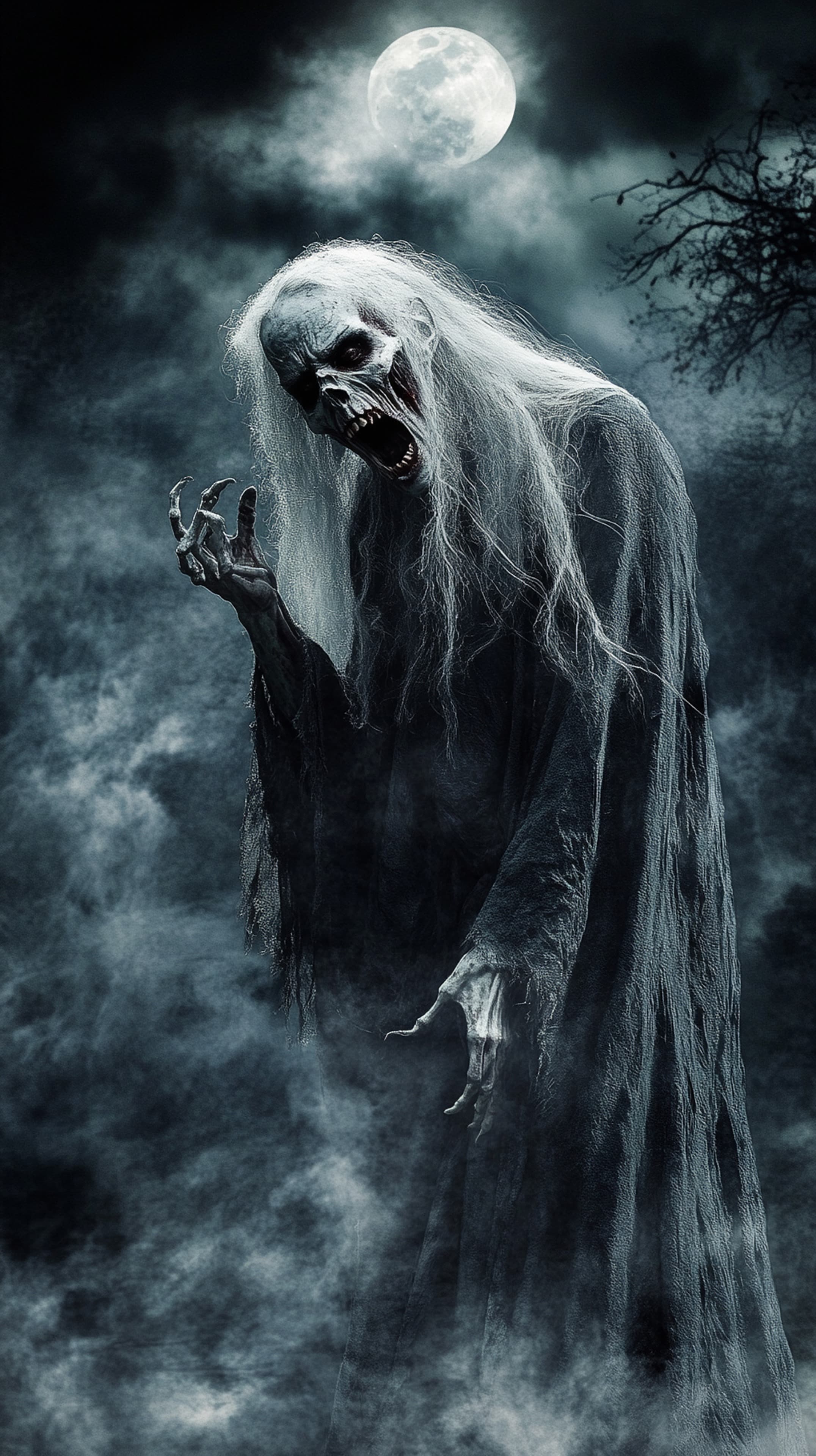 Moonlit Ghost in the Fog: Gothic Nighttime Horror Art - High Resolution blue-tones Wallpaper for Mobile and Desktop