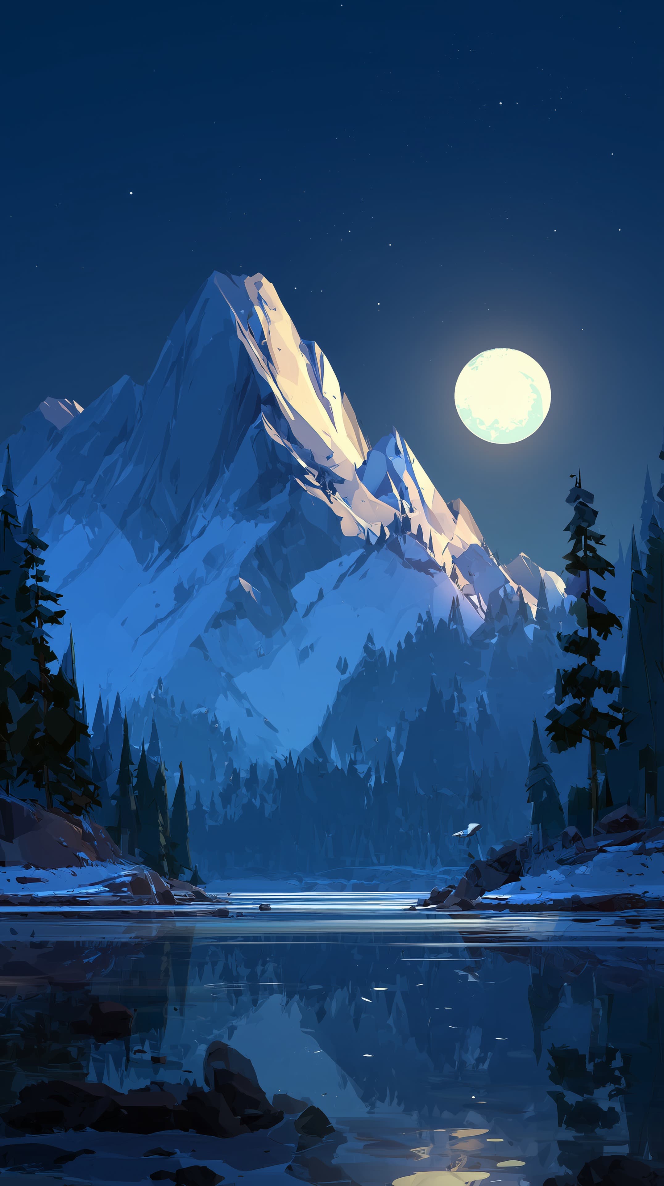 Moonlit Mountain Nightscape: Snowy Peaks & Reflective Lake - High Resolution blue-tones Wallpaper for Mobile and Desktop