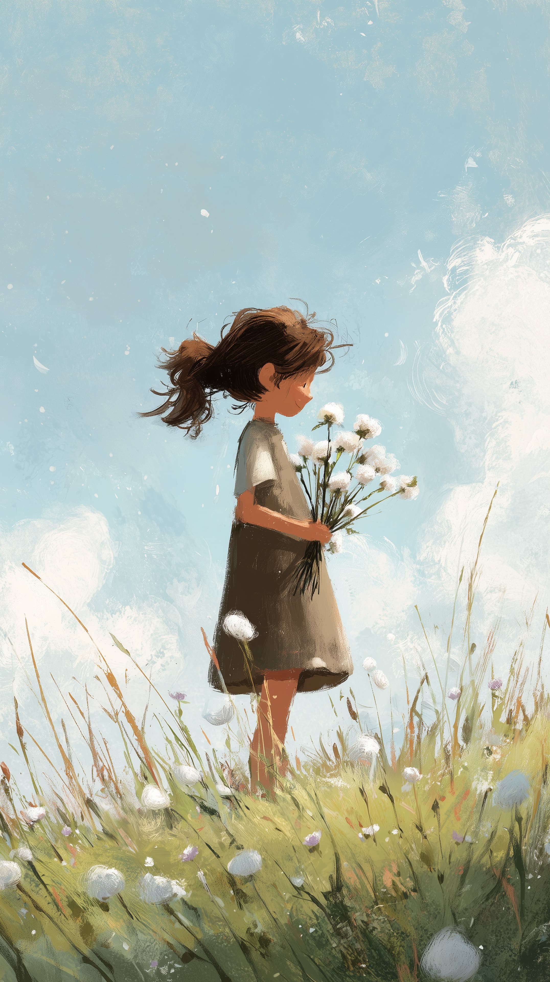 Dreamy Field Portrait: Girl with Dandelion Bouquet Wallpaper - High Resolution blue-sky-background Wallpaper for Mobile and Desktop