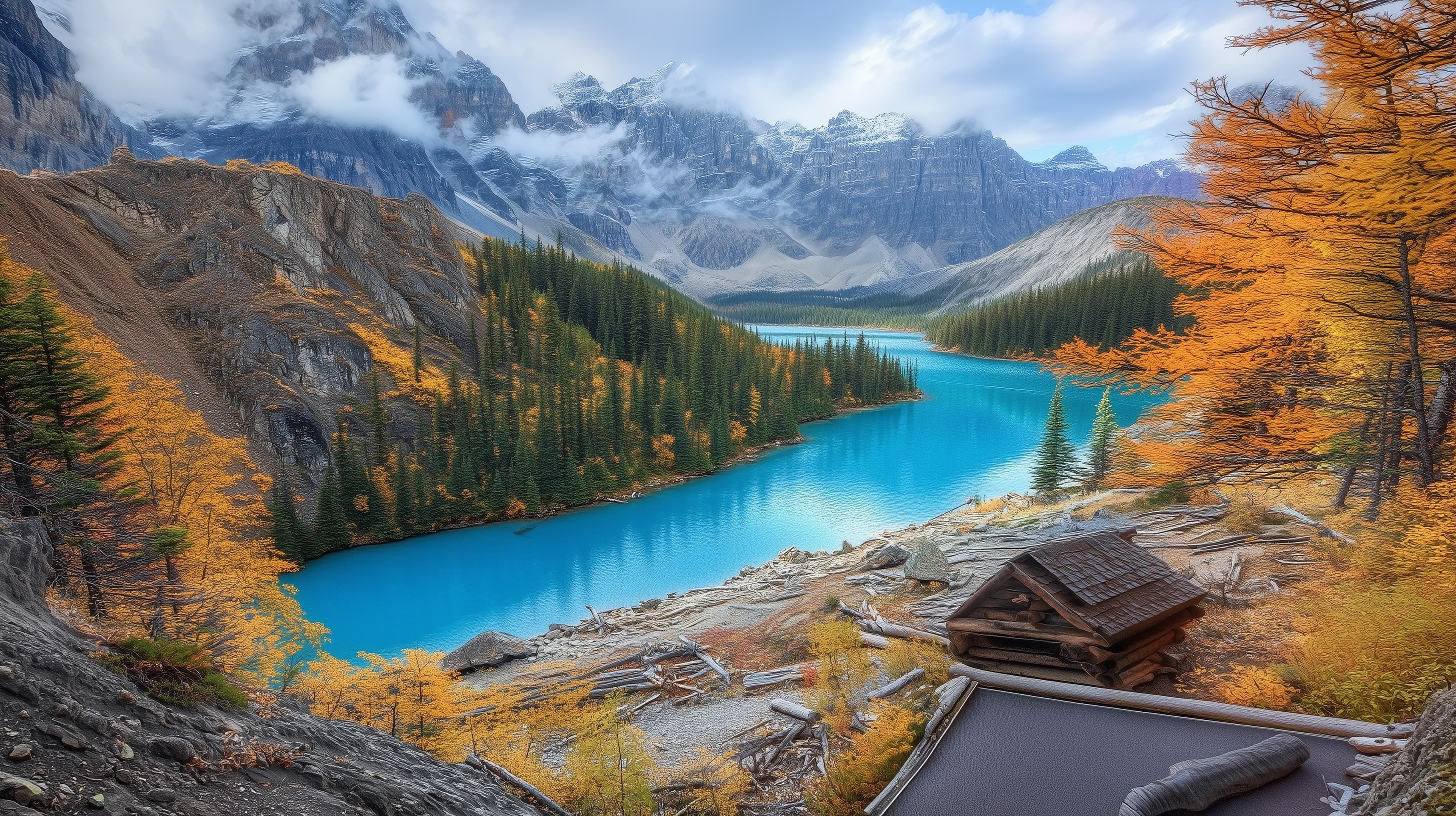 Turquoise Alpine Lake Landscape with Autumn Forest and Peaks - High Resolution alpine-lake Wallpaper for Mobile and Desktop