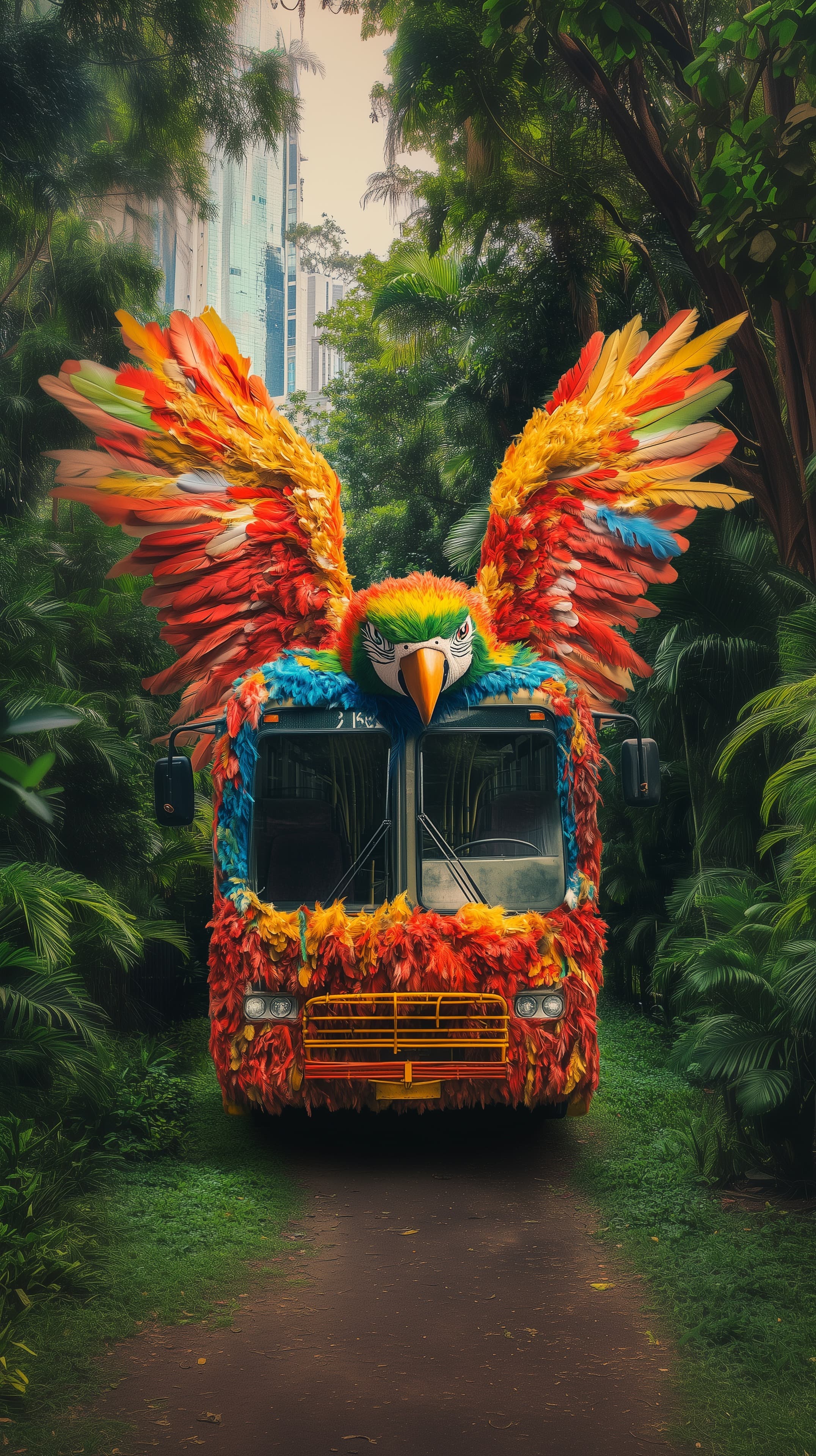 Vibrant Feathered Bus in Jungle - Surreal Colorful Artwork - High Resolution artwork Wallpaper for Mobile and Desktop