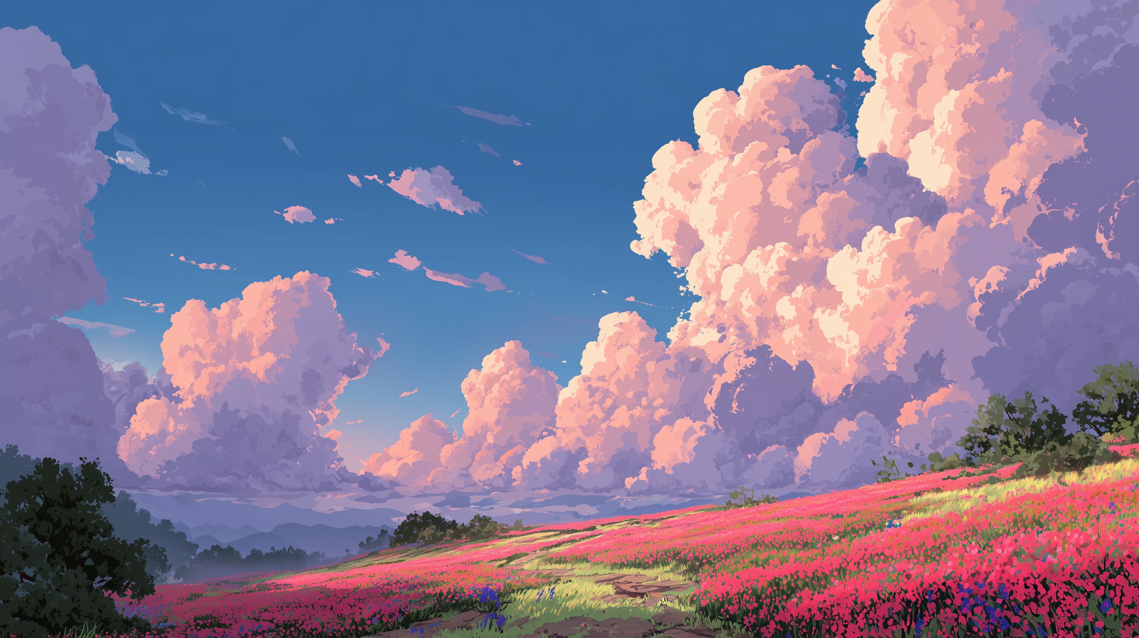 Vibrant Cloudscape Meadow Wallpaper with Colorful Clouds - High Resolution cloudscape Wallpaper for Mobile and Desktop