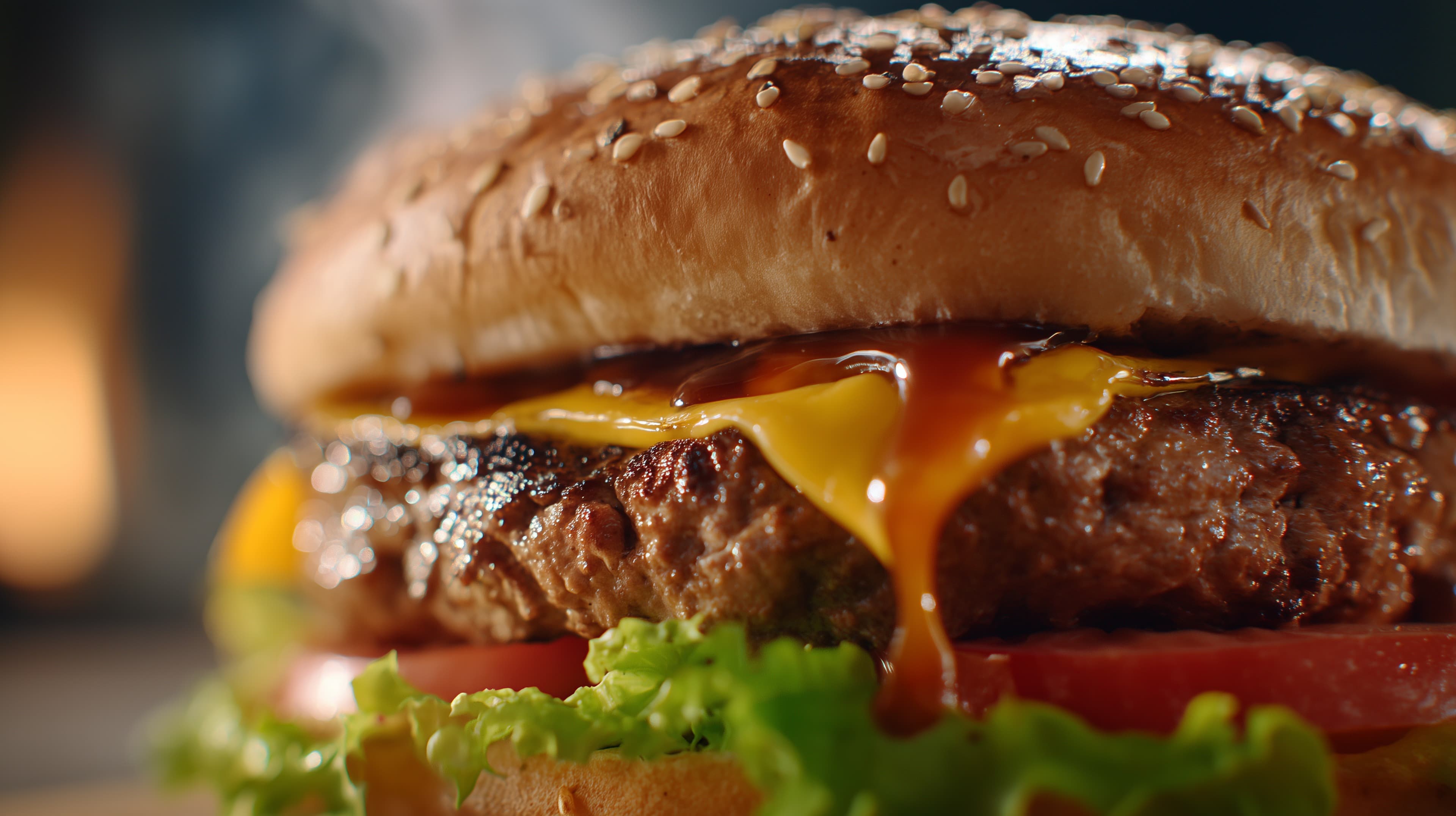 Juicy Sesame Seed Burger with Melted Cheese - Food Wallpaper - High Resolution burger Wallpaper for Mobile and Desktop