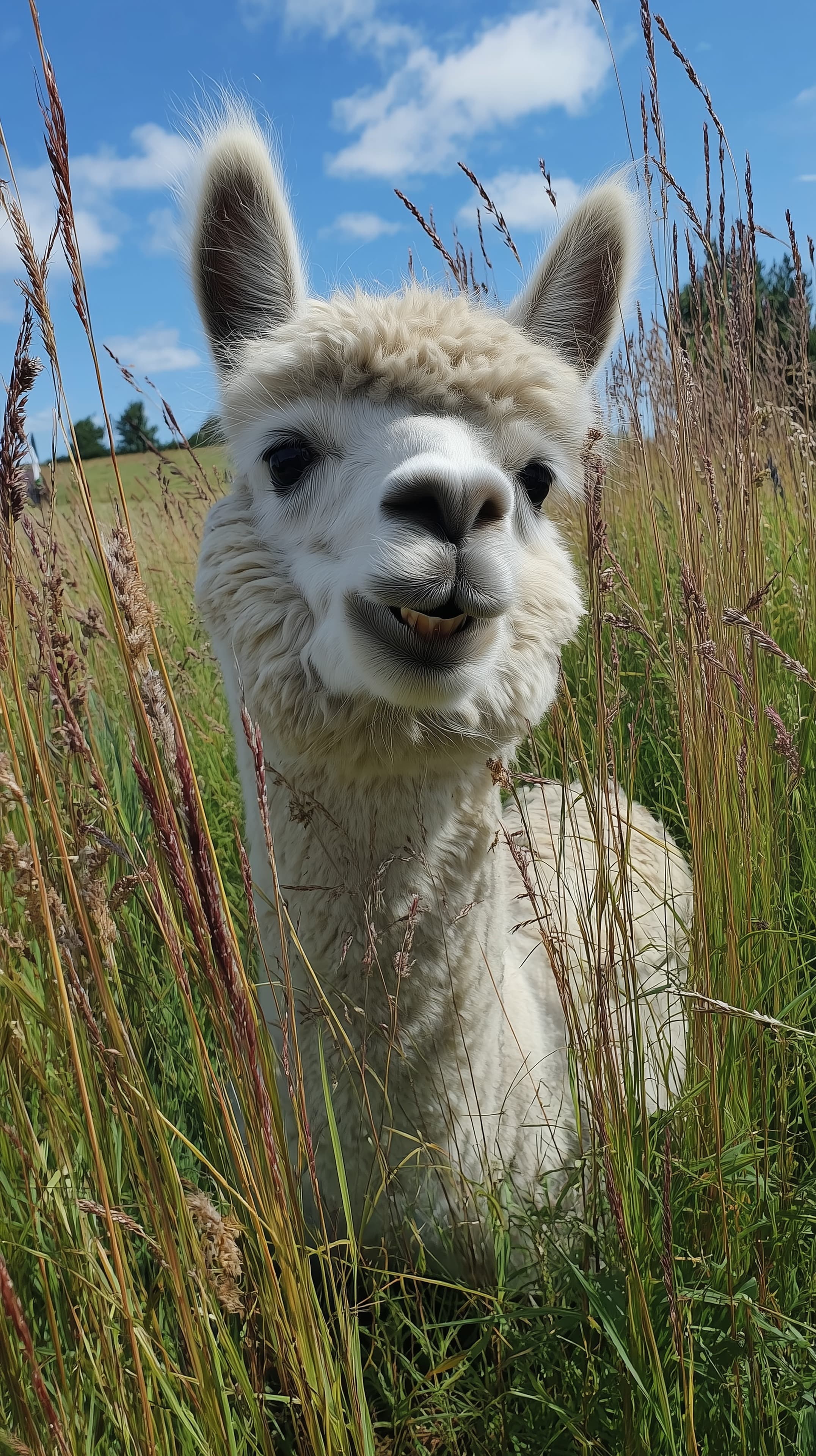 Playful Alpaca in Tall Grass Under a Bright Blue Sky – Wallpaper - High Resolution alpaca Wallpaper for Mobile and Desktop