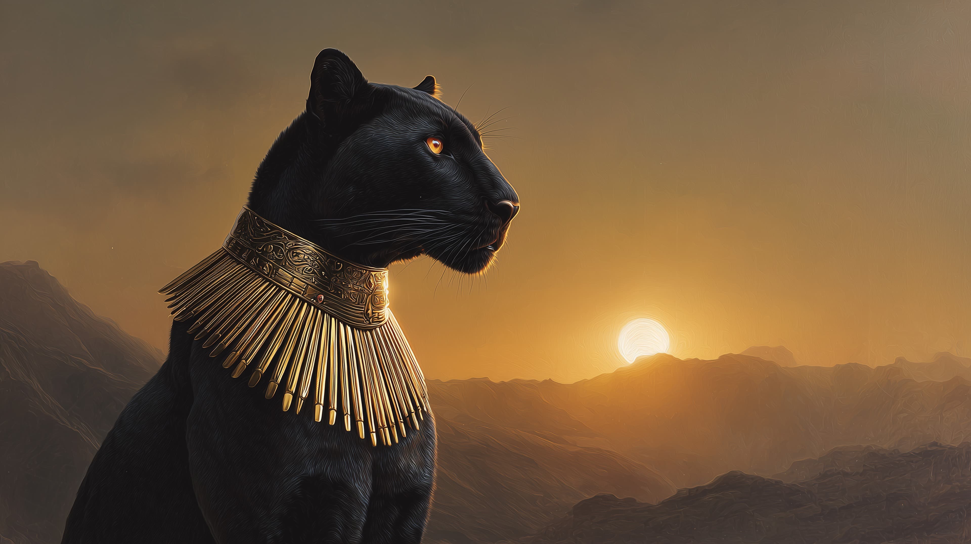 Golden-Collar Panther at Sunset: Fantasy Wall Art Wallpaper - High Resolution panther Wallpaper for Mobile and Desktop