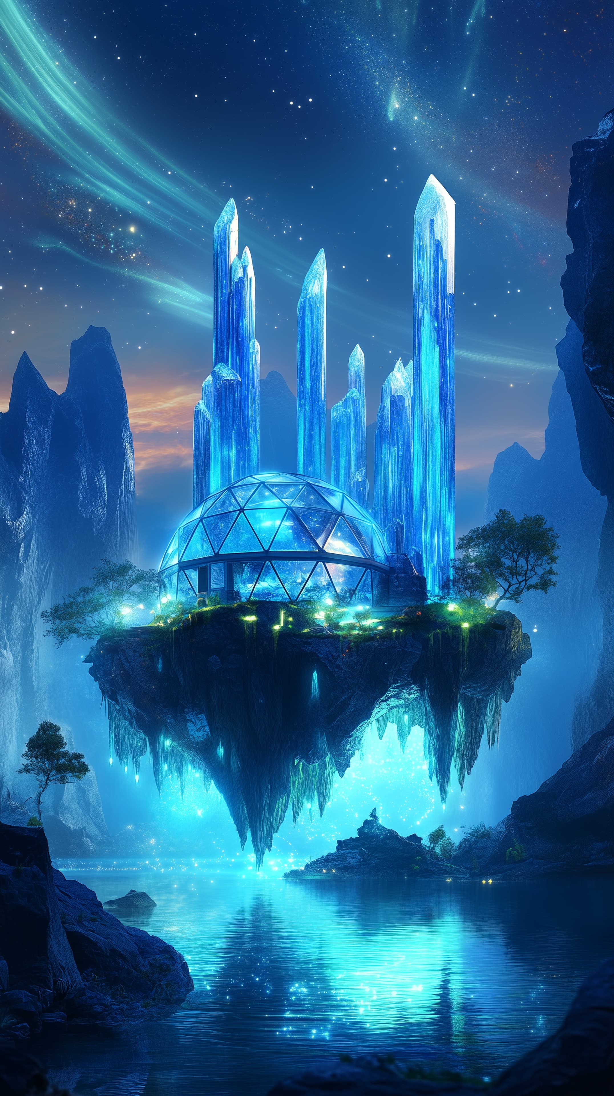 Floating Crystal City on Sky Island: Neon Blue Fortress - High Resolution blue-landscape Wallpaper for Mobile and Desktop