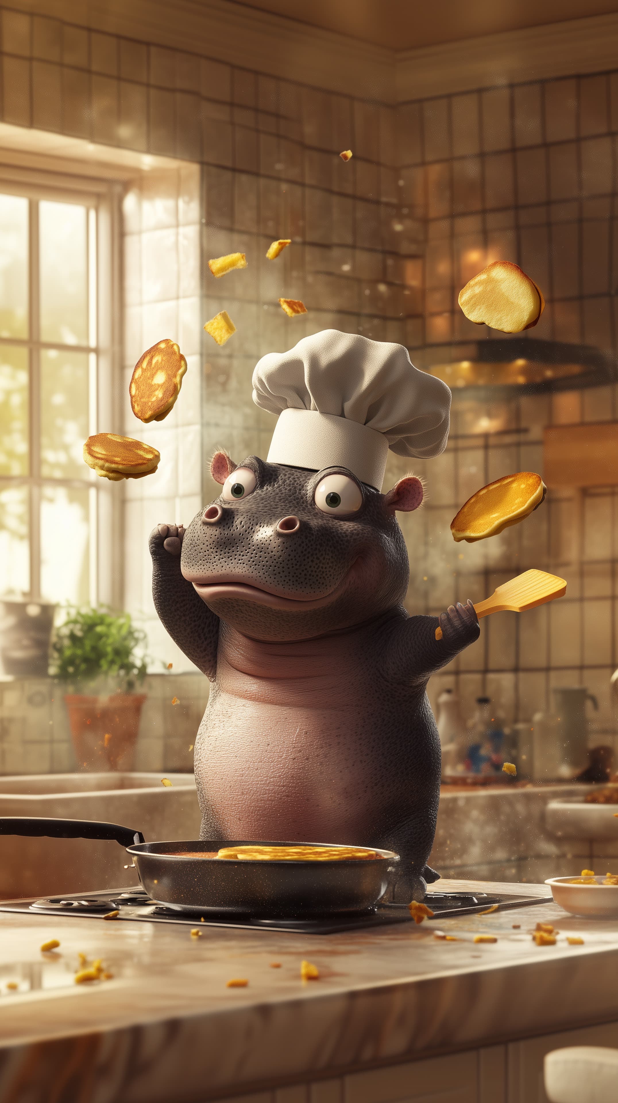 Whimsical Hippo Chef Flips Pancakes in Cozy Kitchen - High Resolution 3d-illustration Wallpaper for Mobile and Desktop
