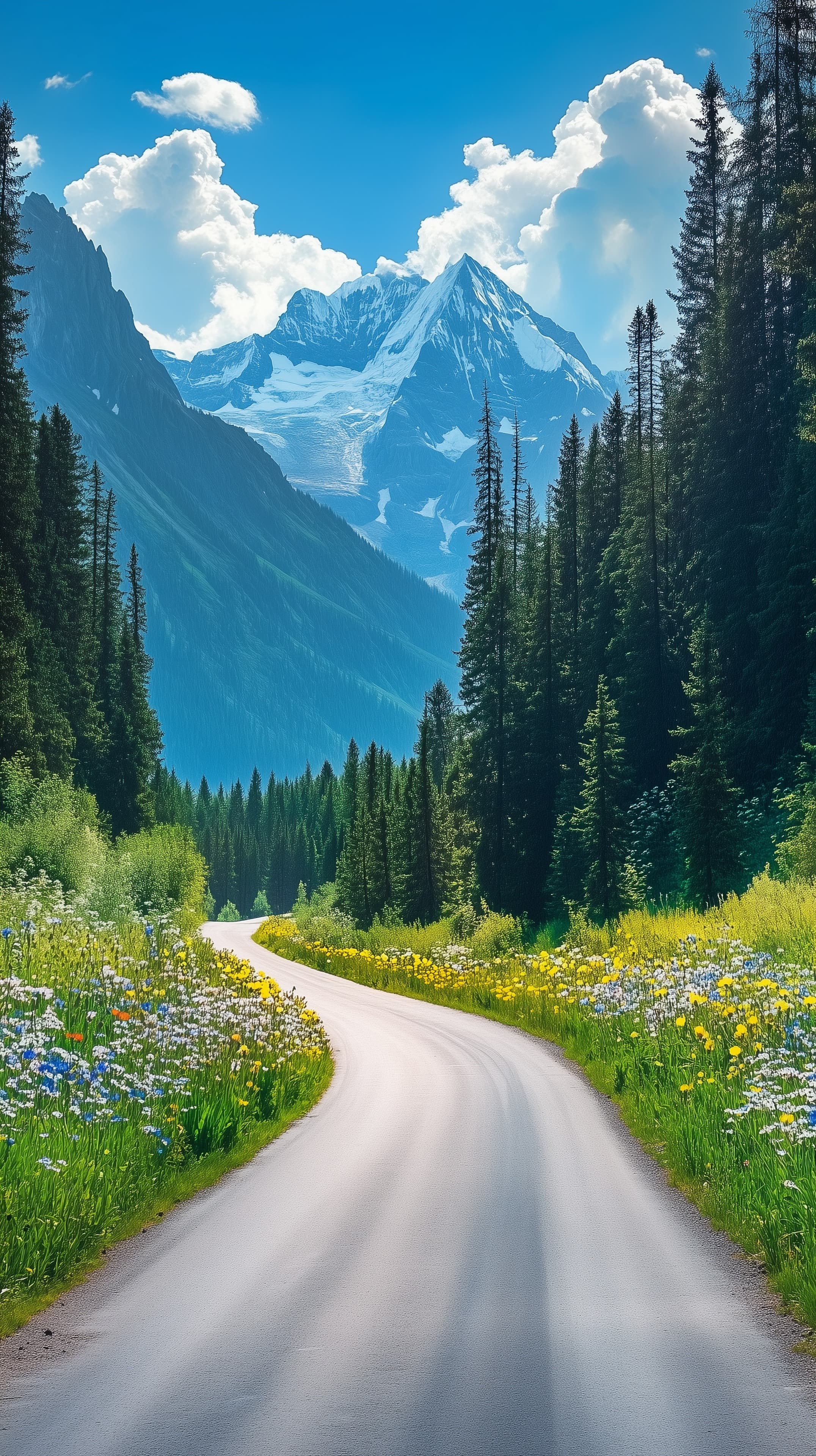 Serene Alpine Meadow Road Through Forest to Snowy Peaks - High Resolution alpine Wallpaper for Mobile and Desktop