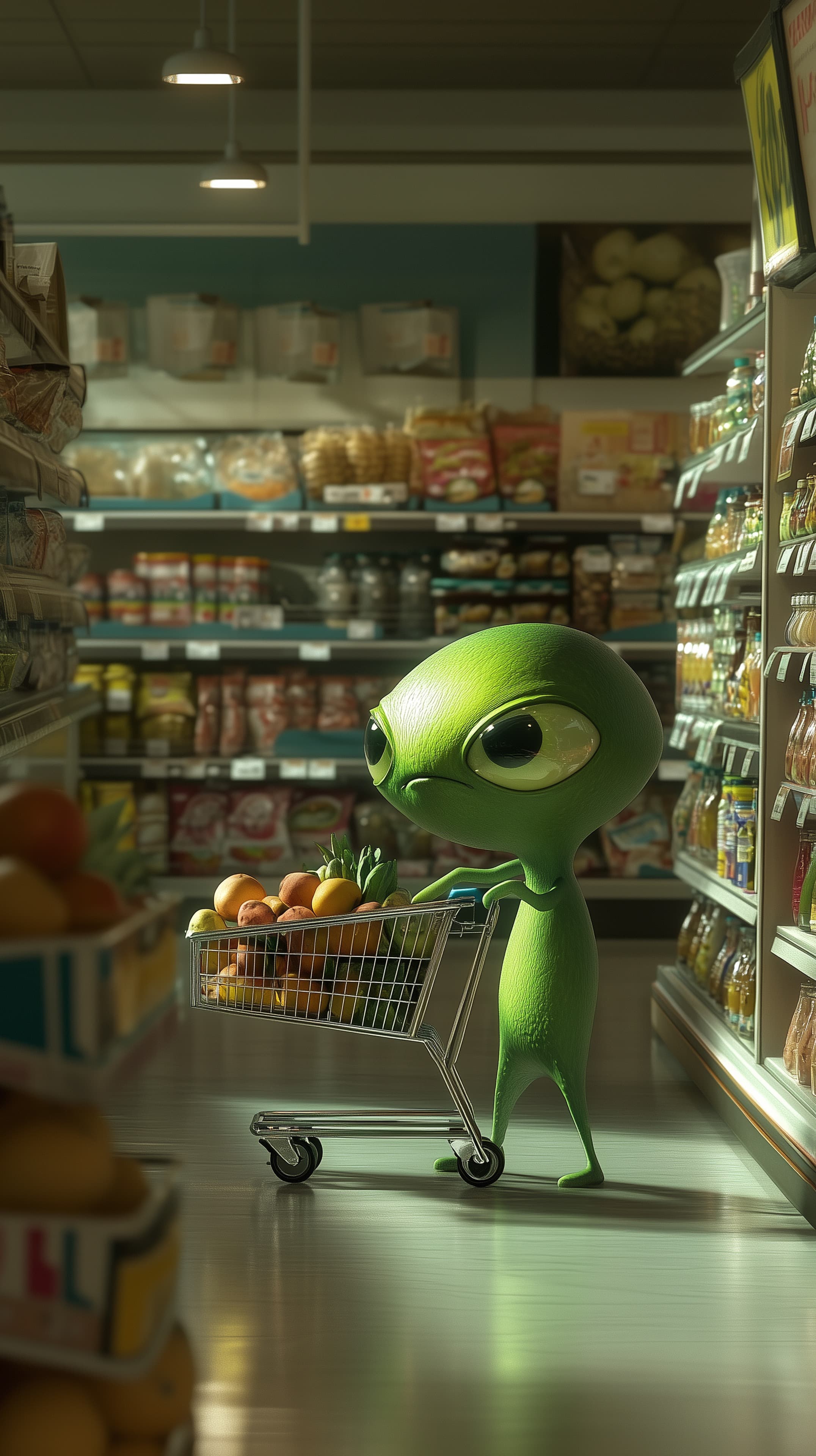 Whimsical Green Alien in a Grocery Aisle - Cartoon Wallpaper - High Resolution 3d-art Wallpaper for Mobile and Desktop