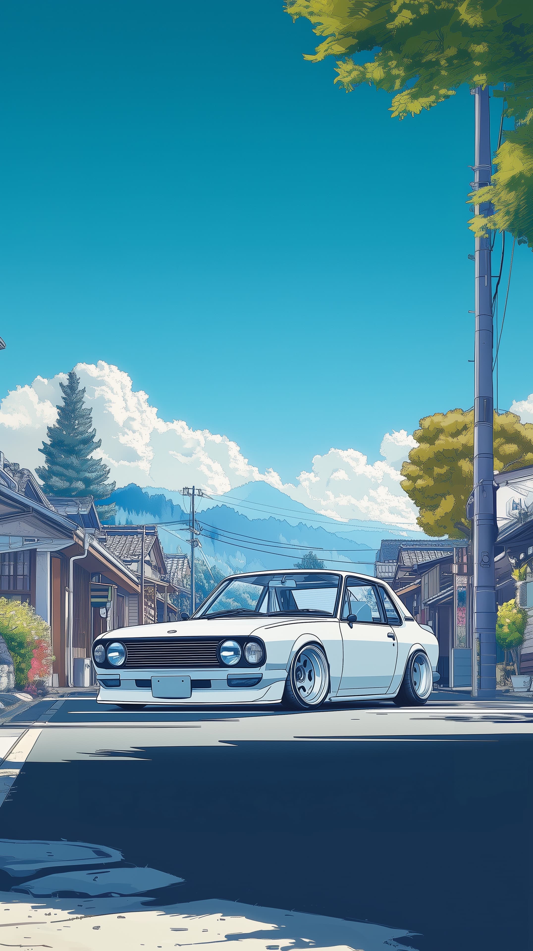 Sunny Vintage Car on a Quiet Suburban Street – Anime Style - High Resolution anime-style Wallpaper for Mobile and Desktop