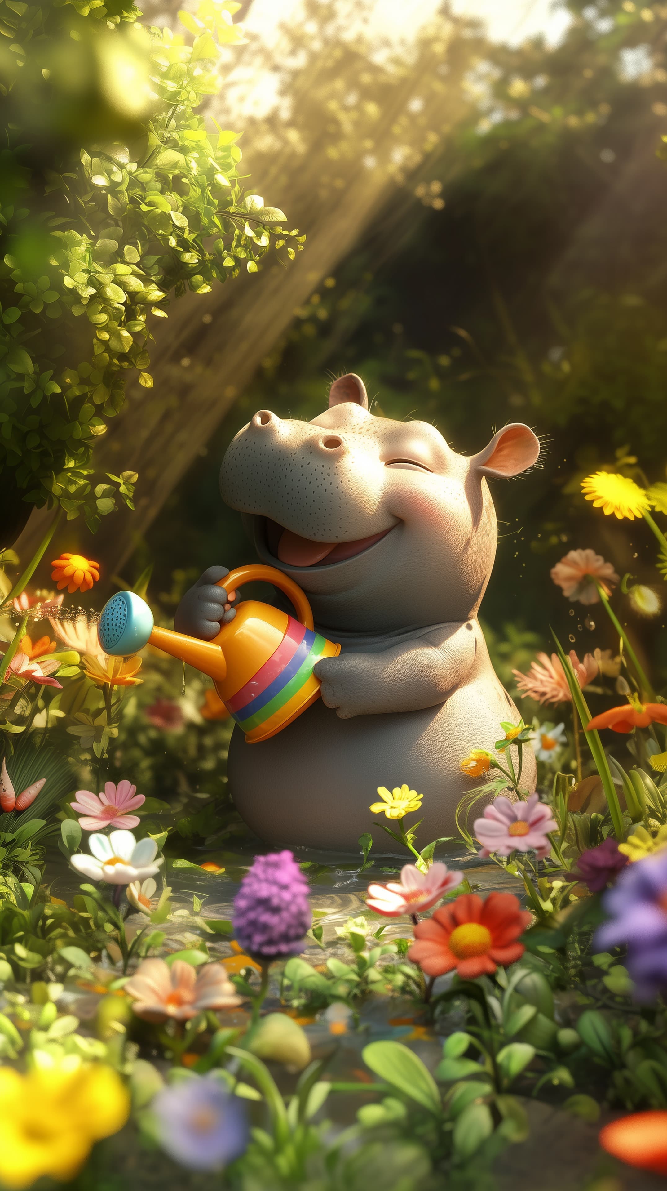 Cute Hippo Watering Garden Flowers Cartoon Wallpaper - High Resolution 3d Wallpaper for Mobile and Desktop