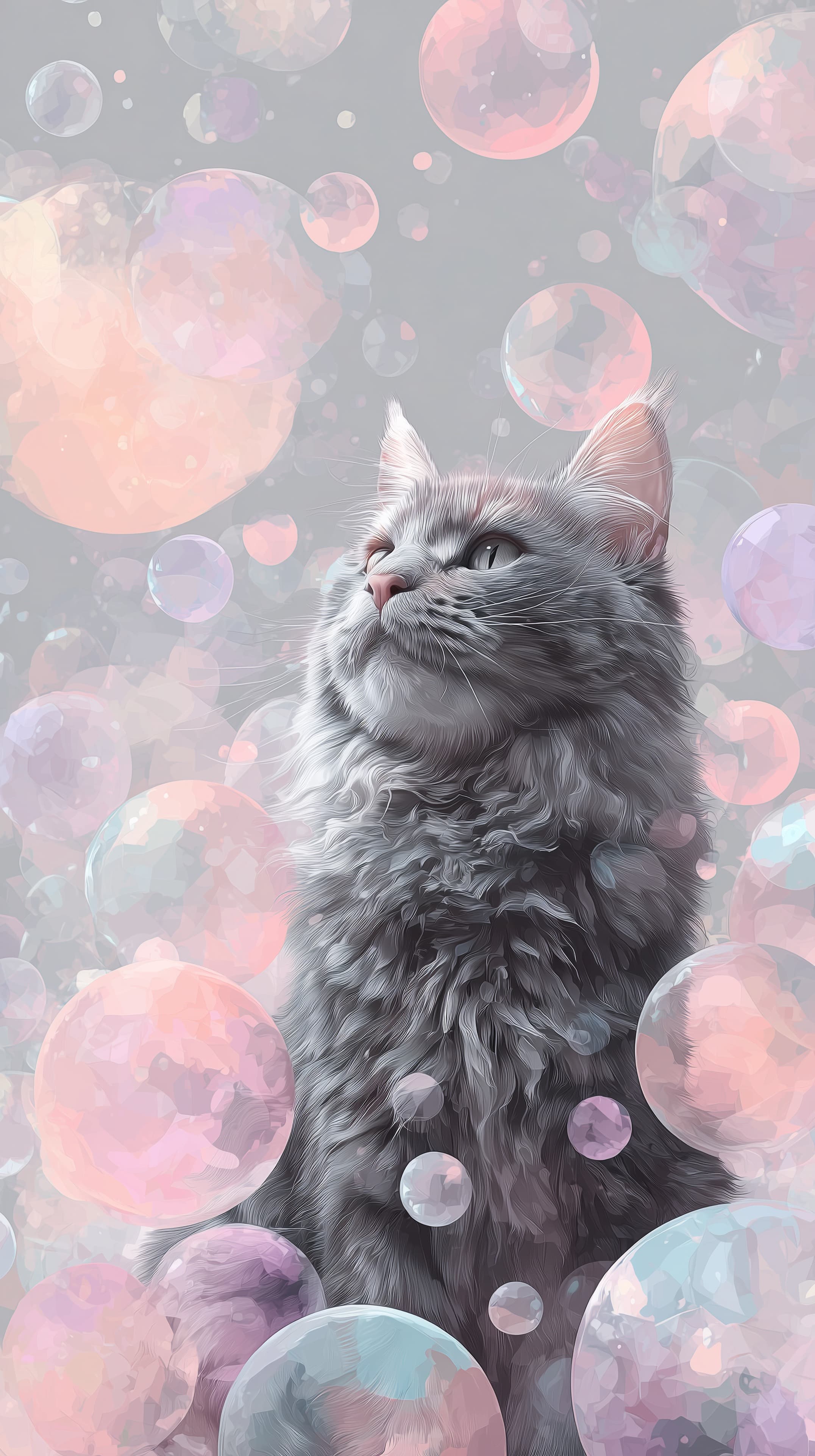Pastel Bubble Dreams: Fluffy Cat Artwork Wallpaper - High Resolution animal-illustration Wallpaper for Mobile and Desktop