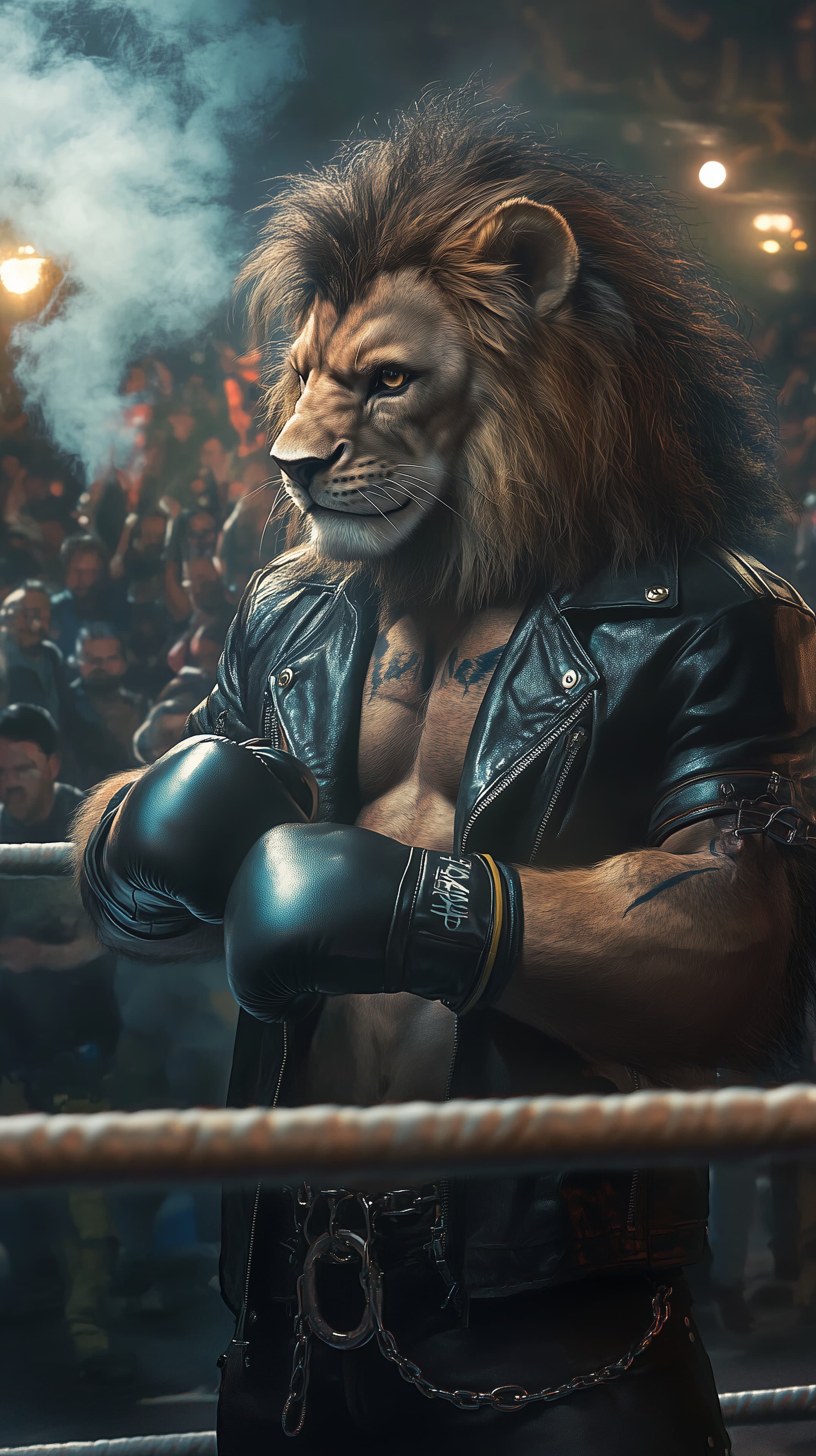 Dynamic Lion Boxer in Leather Jacket in a Boxing Ring - High Resolution anthropomorphic Wallpaper for Mobile and Desktop