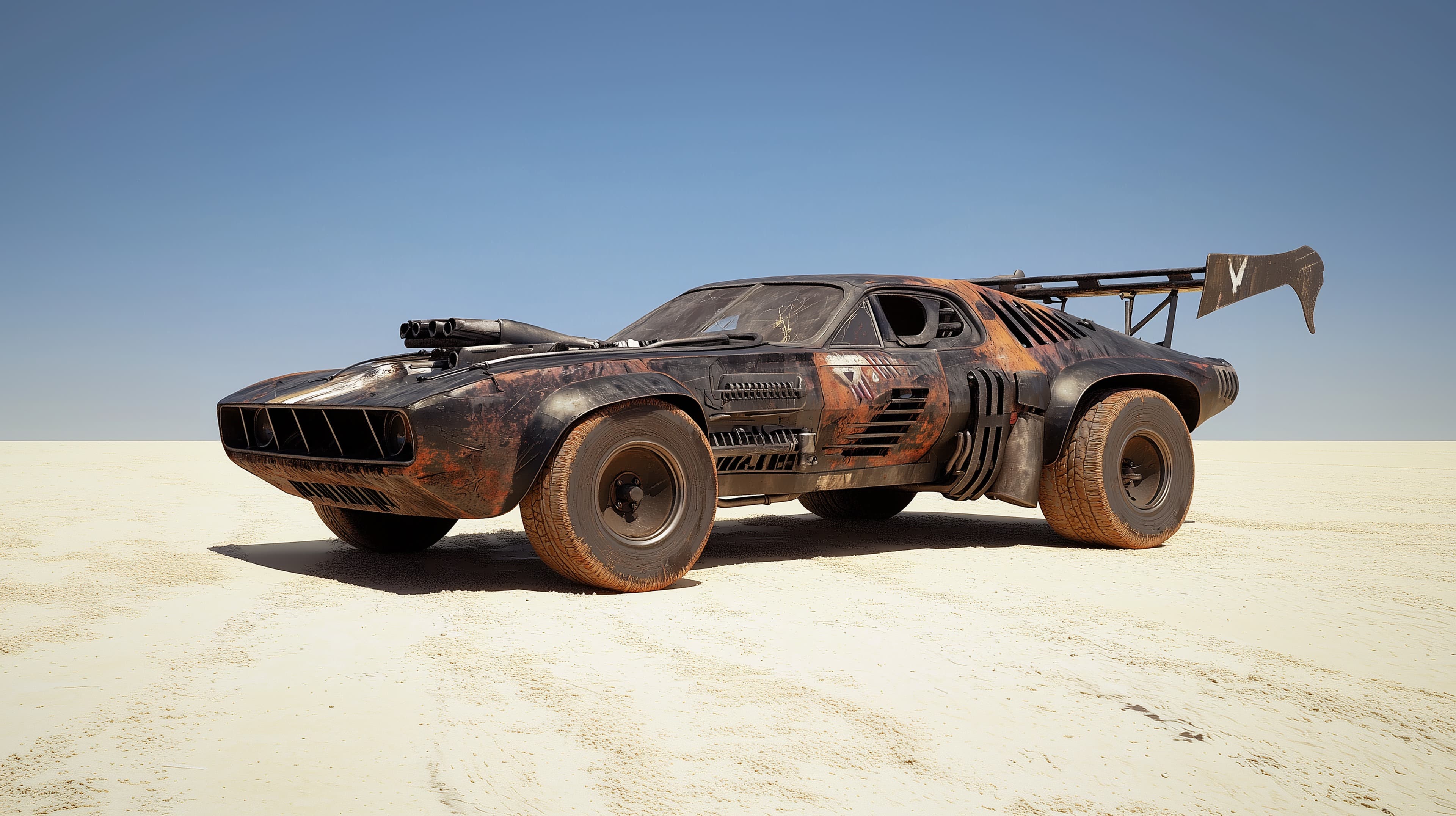 Desert Rusty Muscle Car in Post-Apocalyptic Scene Atmosphere - High Resolution car Wallpaper for Mobile and Desktop