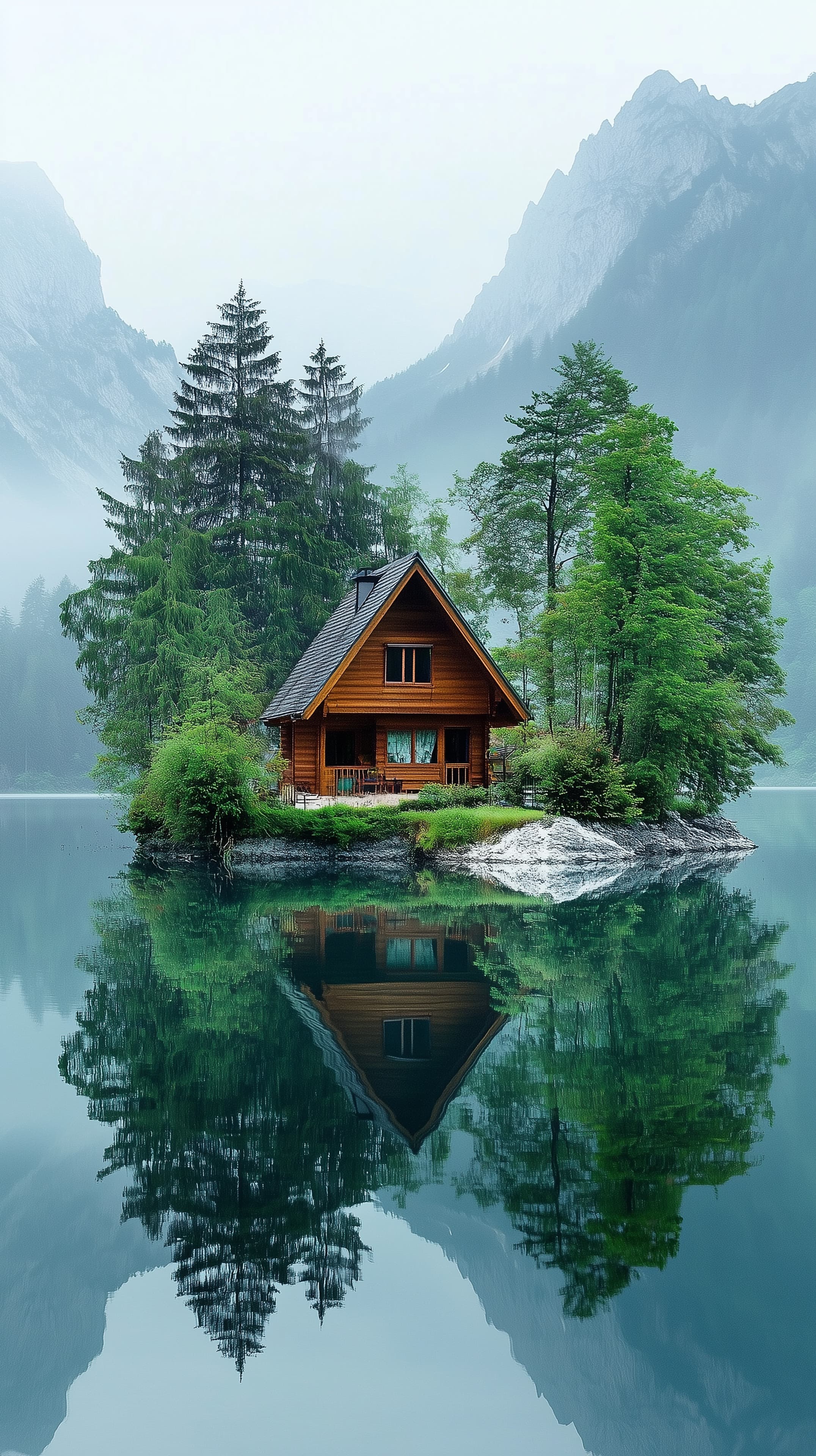 Tranquil Lakeside Cabin on an Island with Mountain Reflection - High Resolution calm-water Wallpaper for Mobile and Desktop