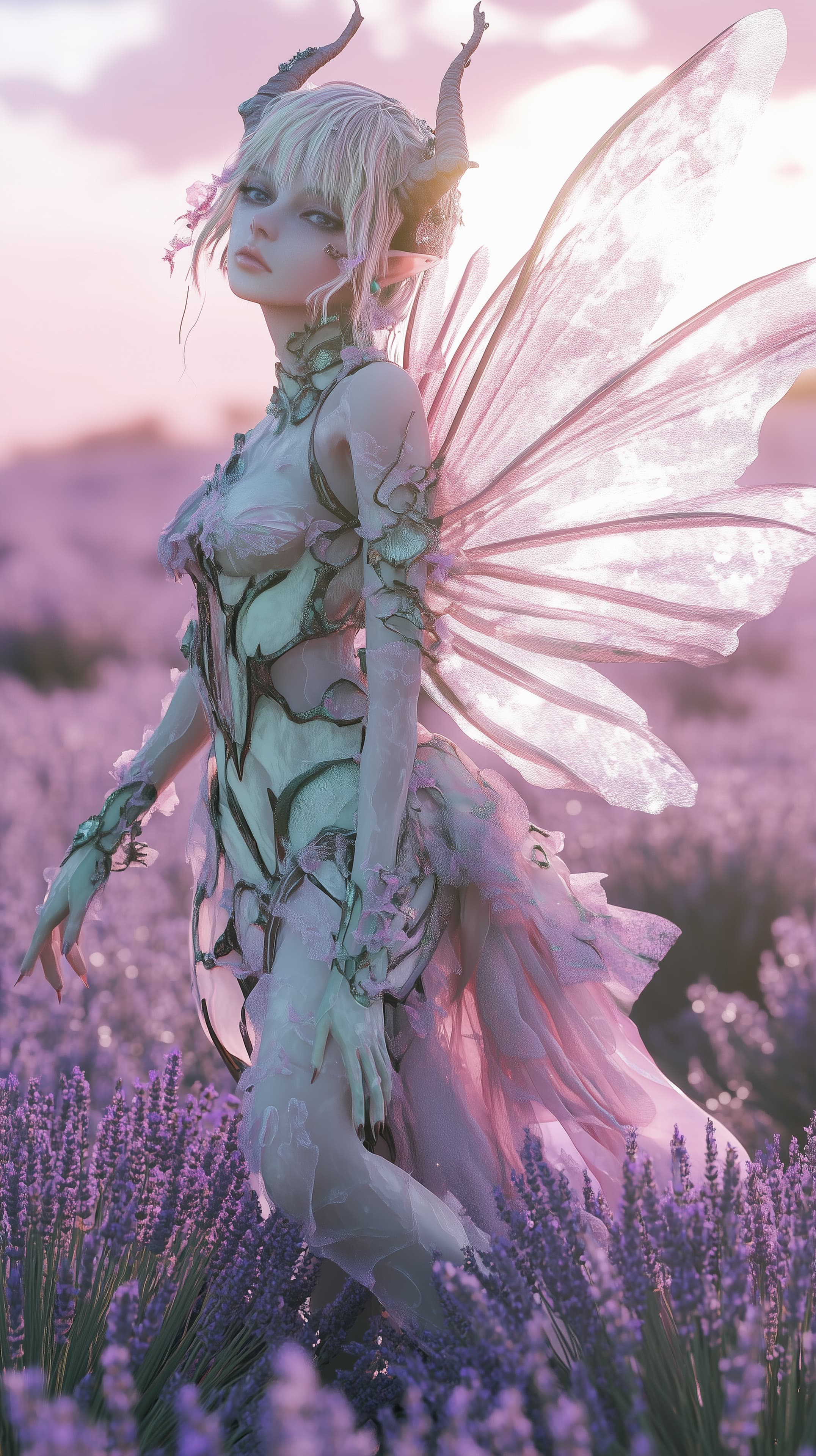 Pastel Fairy in Lavender Field with Winged Ethereal Pose - High Resolution dreamy Wallpaper for Mobile and Desktop