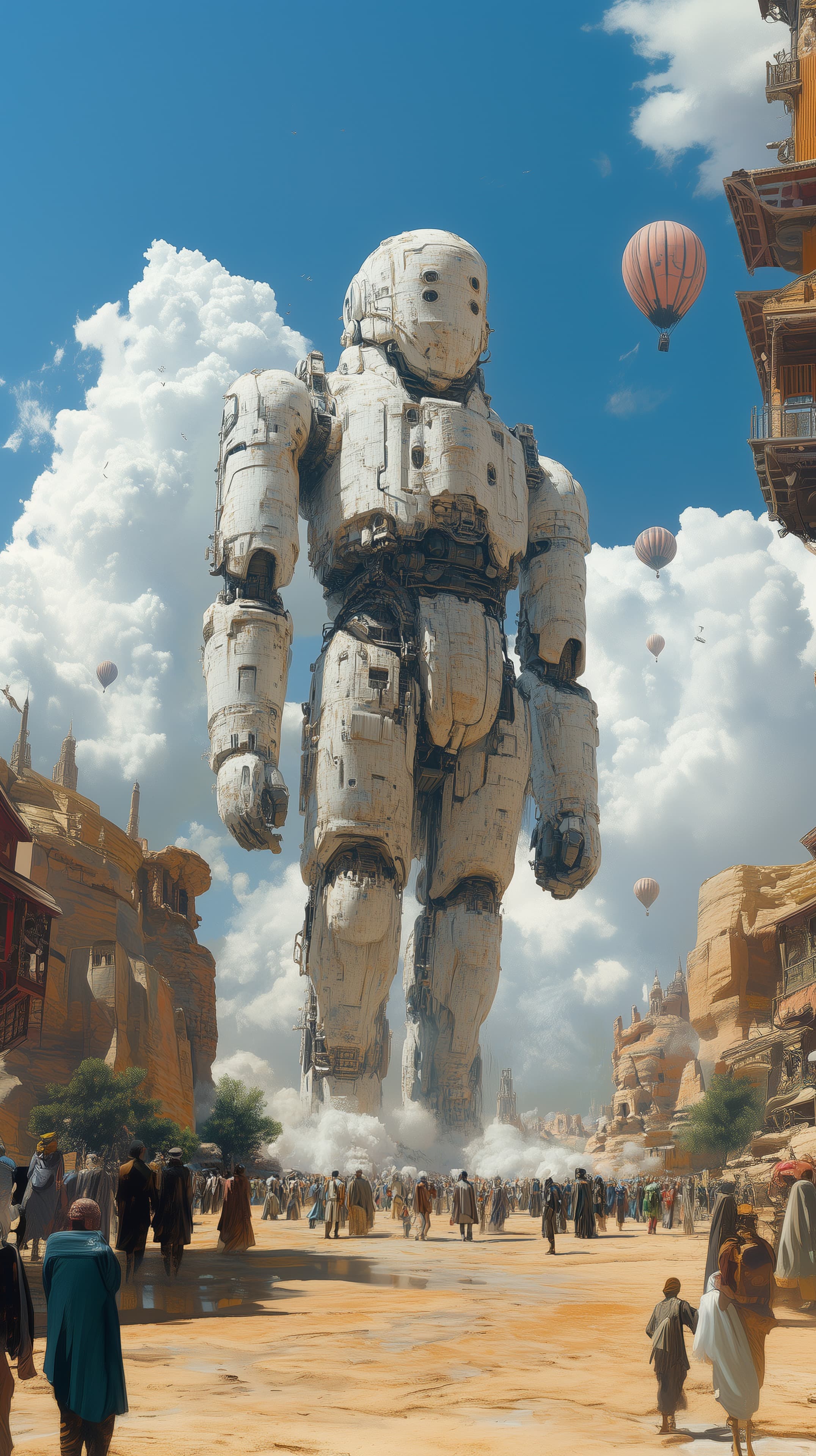 Epic Giant Robot in Desert City Amid Balloons and Crowds - High Resolution balloons Wallpaper for Mobile and Desktop